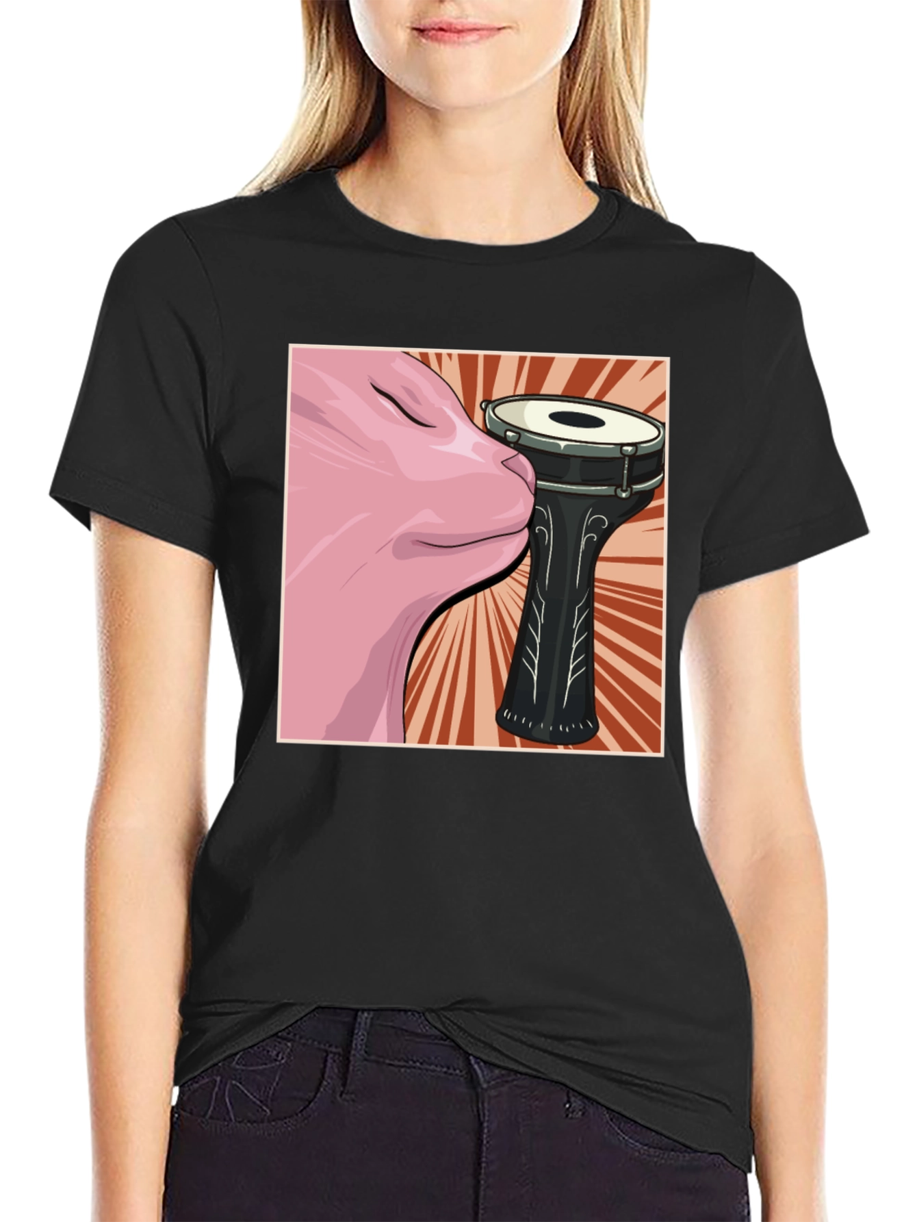Cat Snuggling Darbuka Drum Graphic T-Shirt