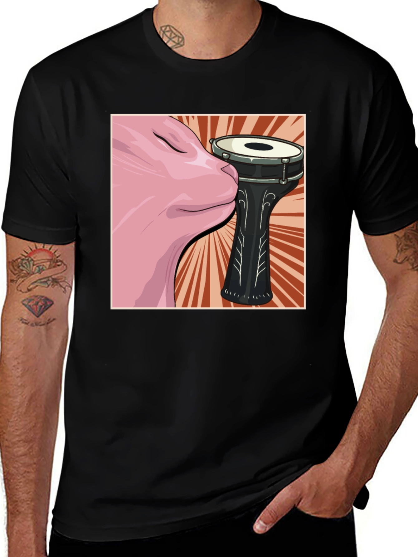 Cat Snuggling Darbuka Drum Graphic T-Shirt