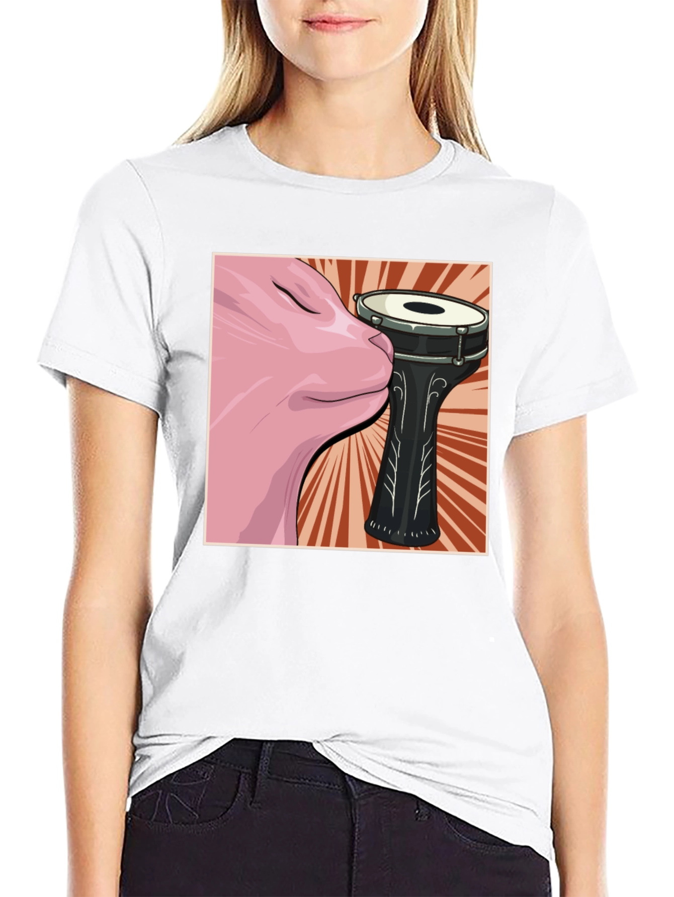 Cat Snuggling Darbuka Drum Graphic T-Shirt
