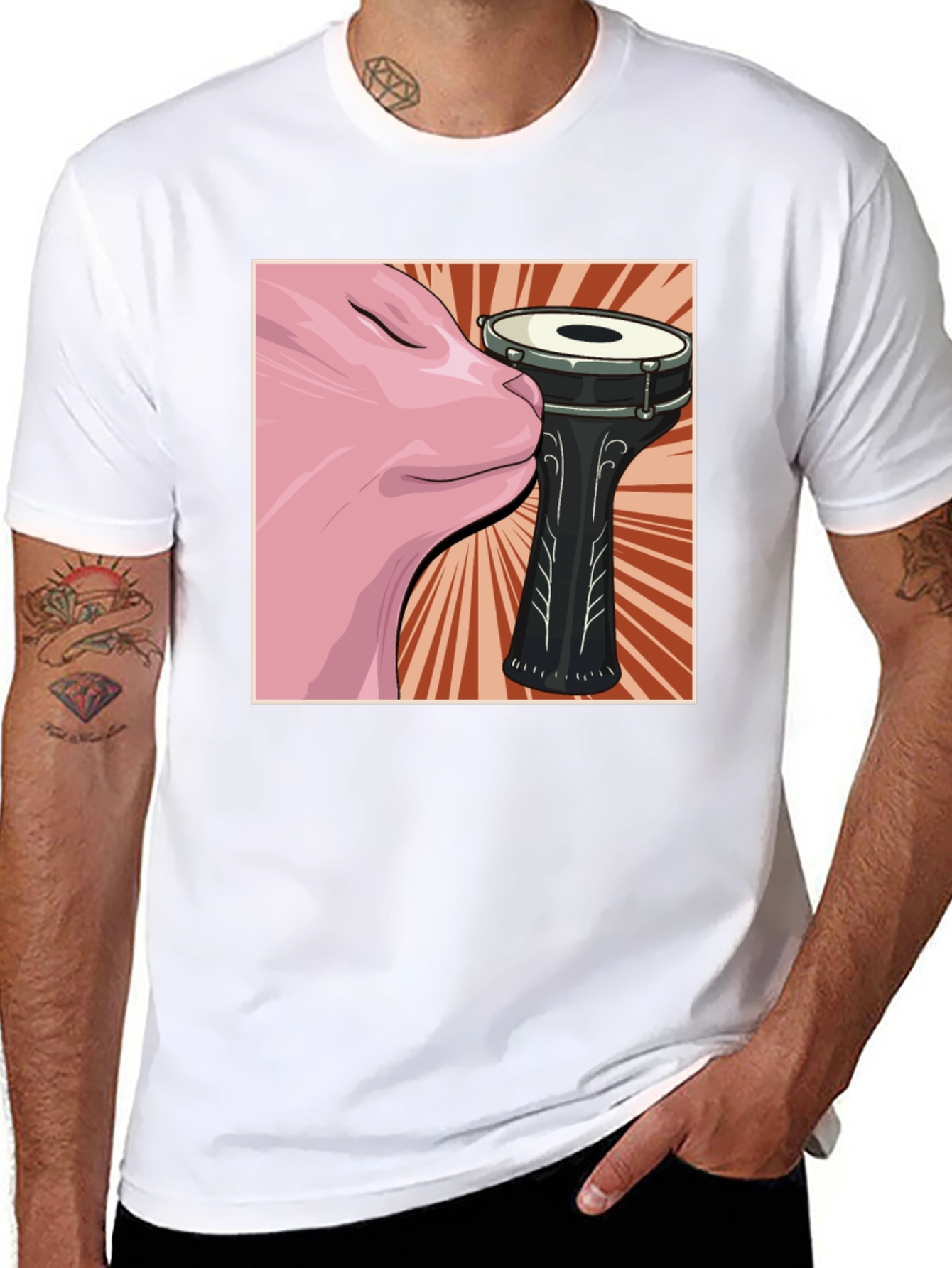 Cat Snuggling Darbuka Drum Graphic T-Shirt