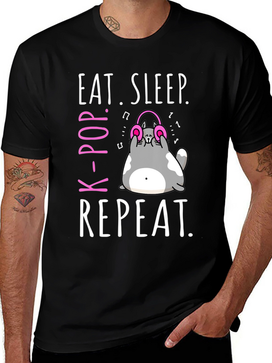 Eat Sleep K-Pop Repeat T-Shirt Cute Cat Design Music Lover Tee