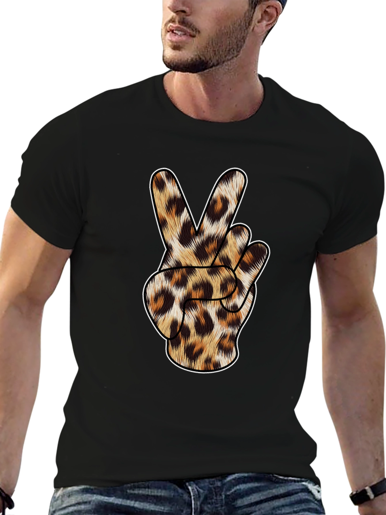 Leopard Print Peace Sign Black T-Shirt
