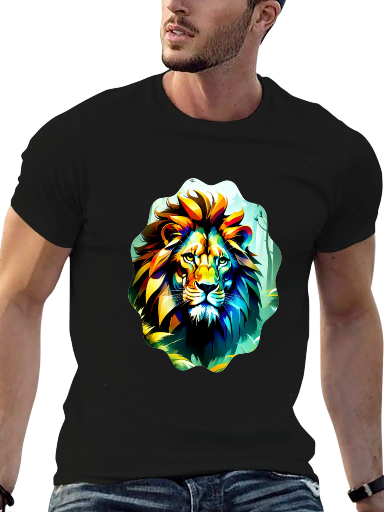 Vibrant Lion Graphic Tee - Black Cotton T-Shirt