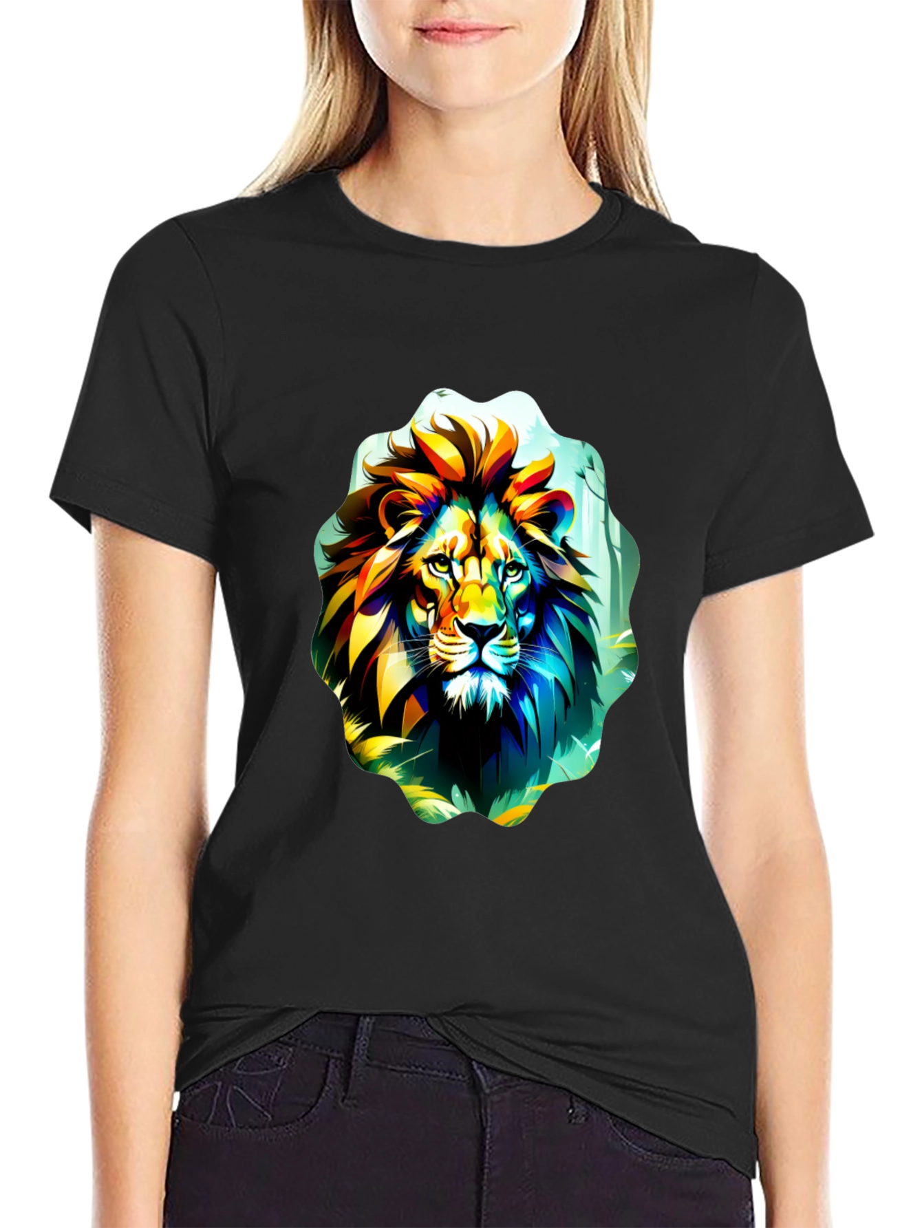 Vibrant Lion Graphic Tee - Black Cotton T-Shirt
