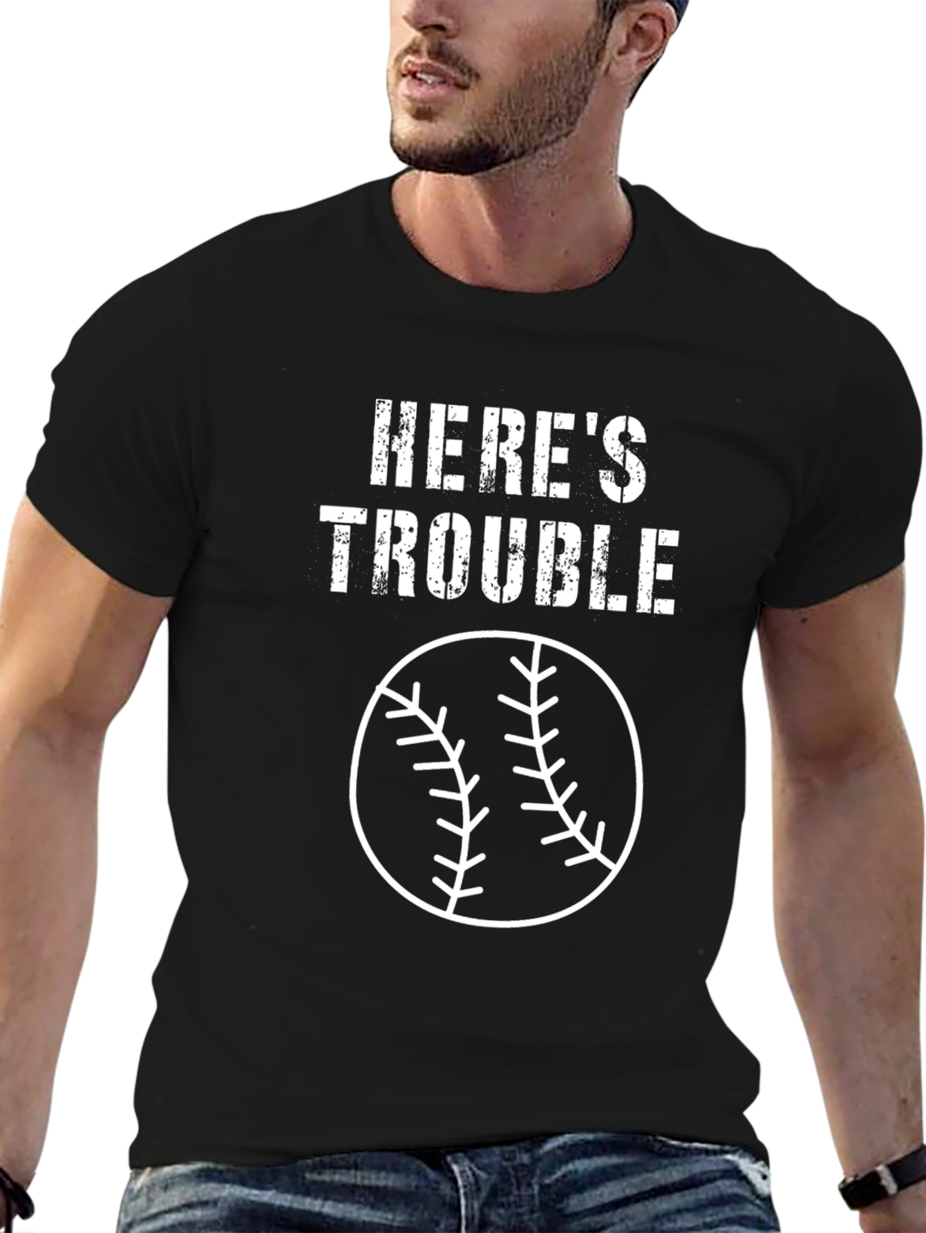 Heres Trouble Baseball Graphic Tee