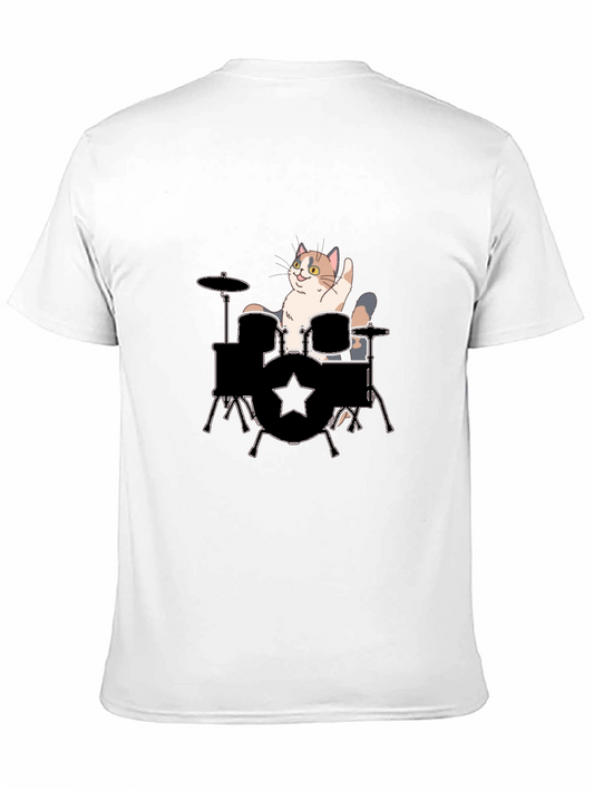 Cat Drummer Graphic Tee - Black Cotton T-Shirt
