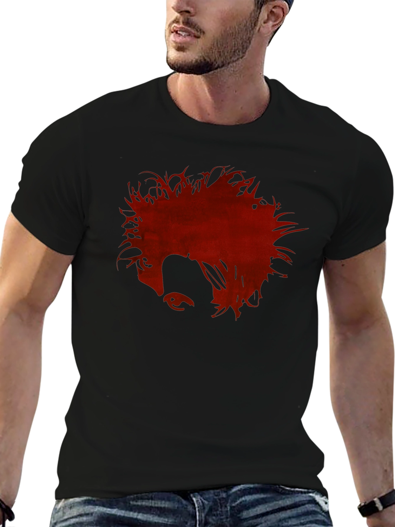 Mens Black Graphic Tee - Red Anime Profile