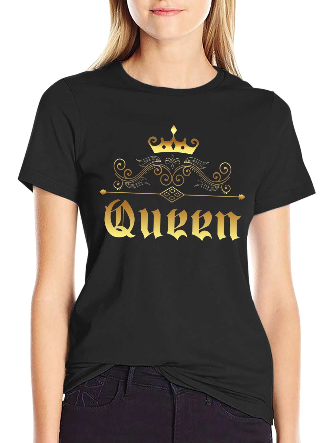 Golden Queen Crown Graphic Black T-Shirt