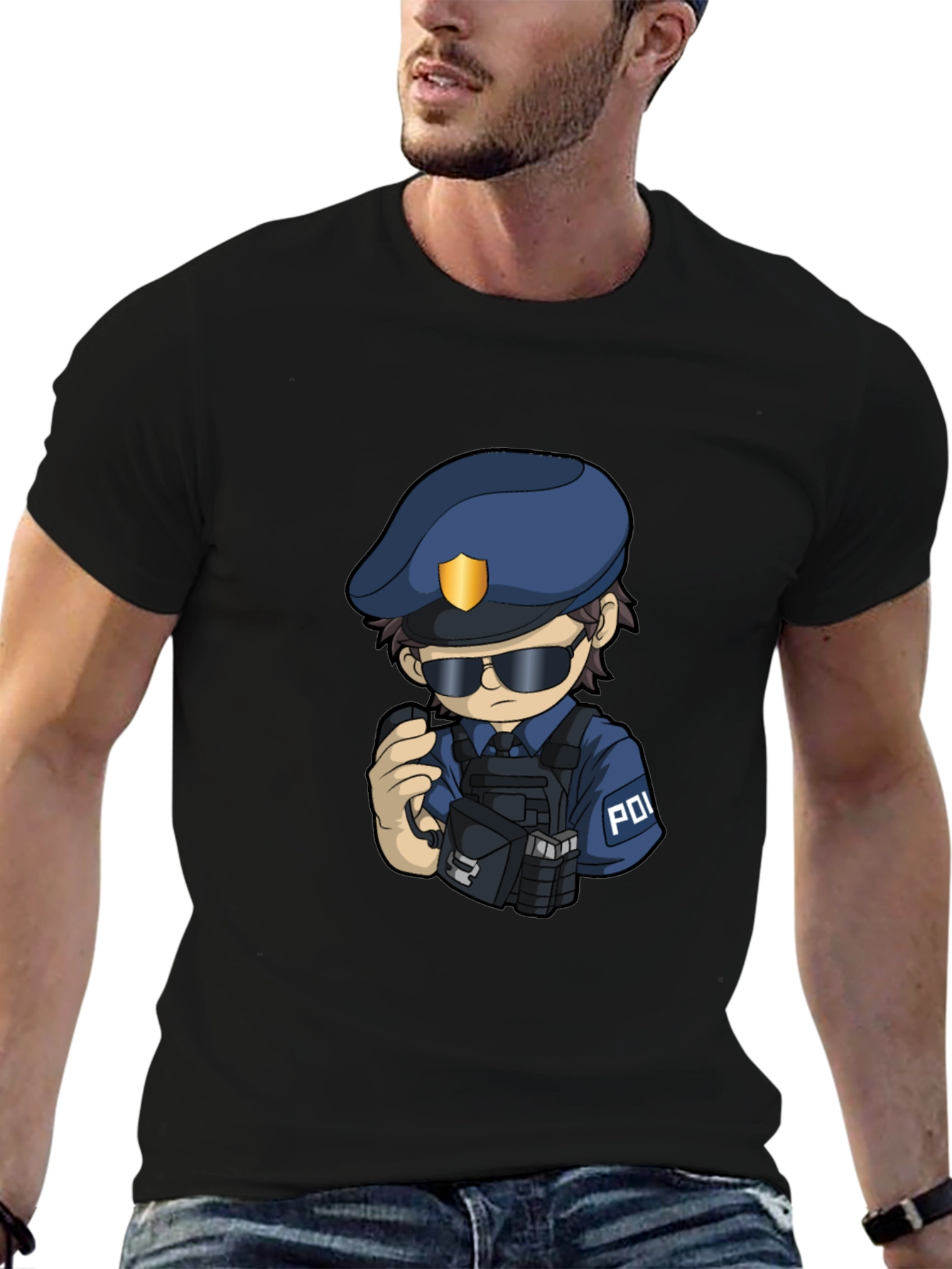 Police Cartoon Character Graphic Tee - Black