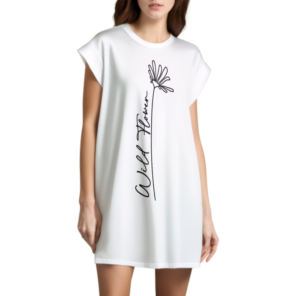 Wild Flower Minimalist Graphic Tee Dress – Boho Floral Line Art Shirt for Women(z828)