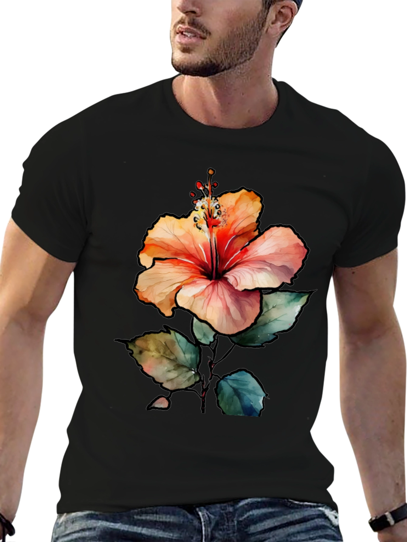 Hibiscus Flower Graphic Black T-Shirt