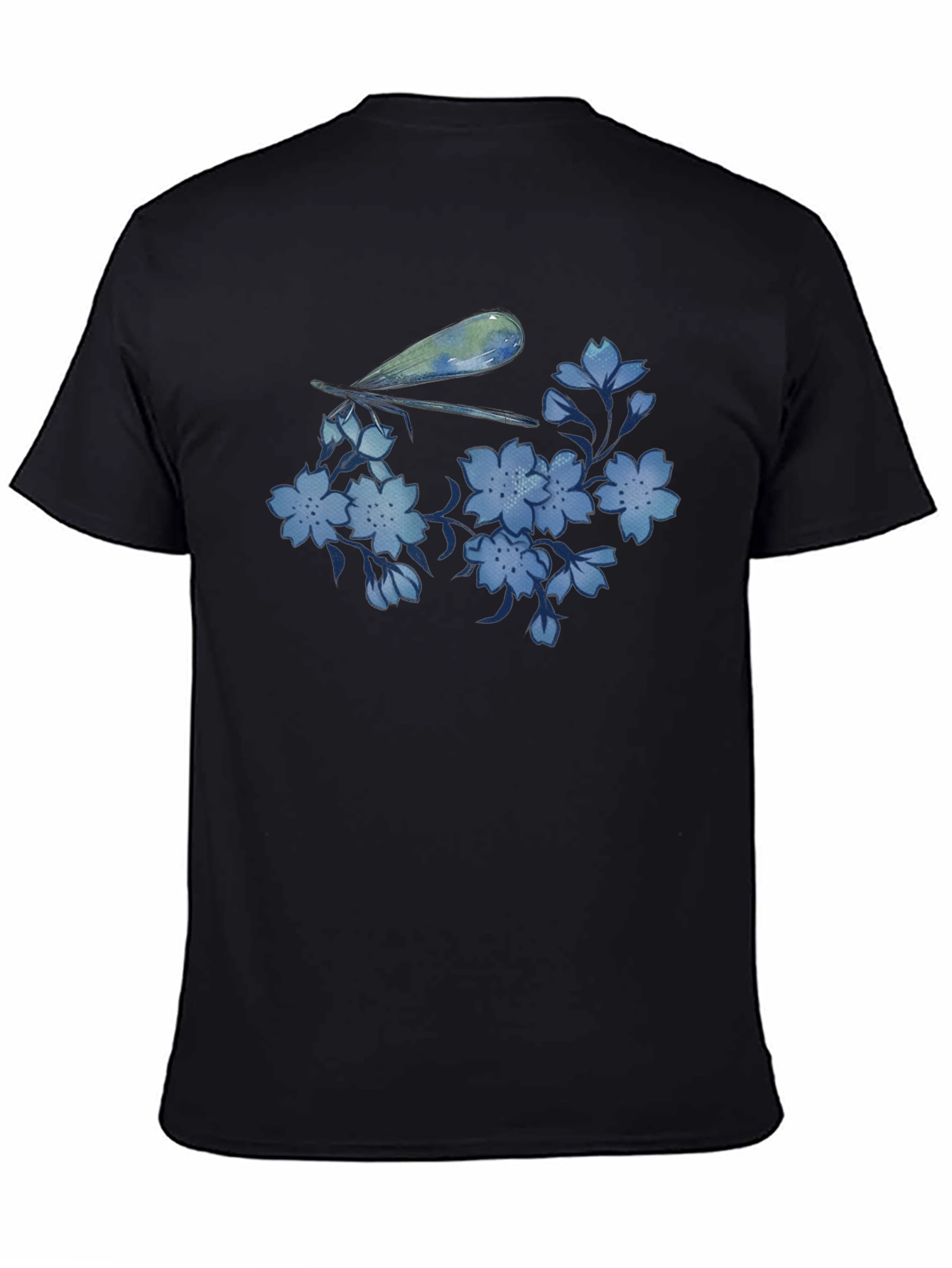 Dragonfly & Floral Print Black T-Shirt