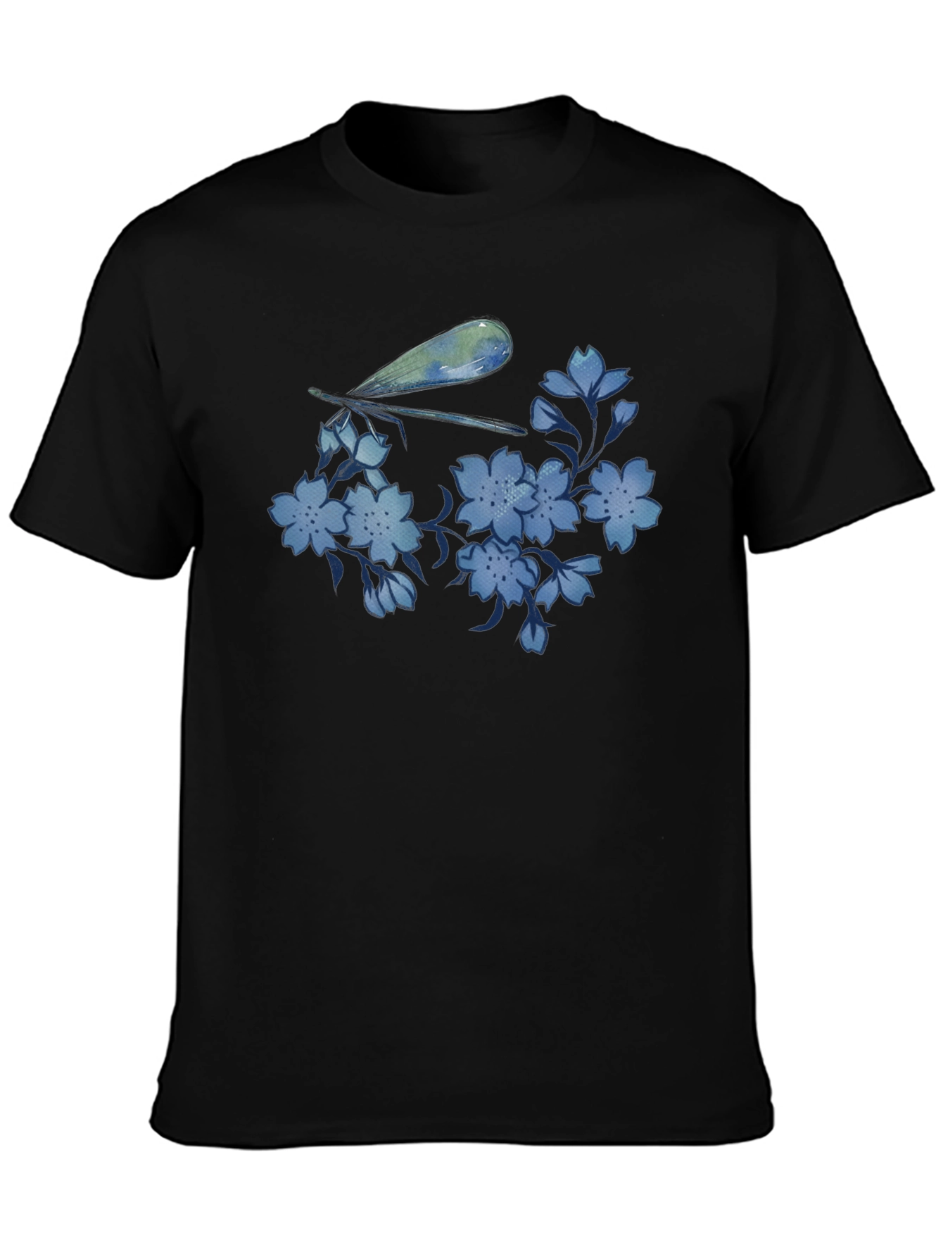 Dragonfly & Floral Print Black T-Shirt
