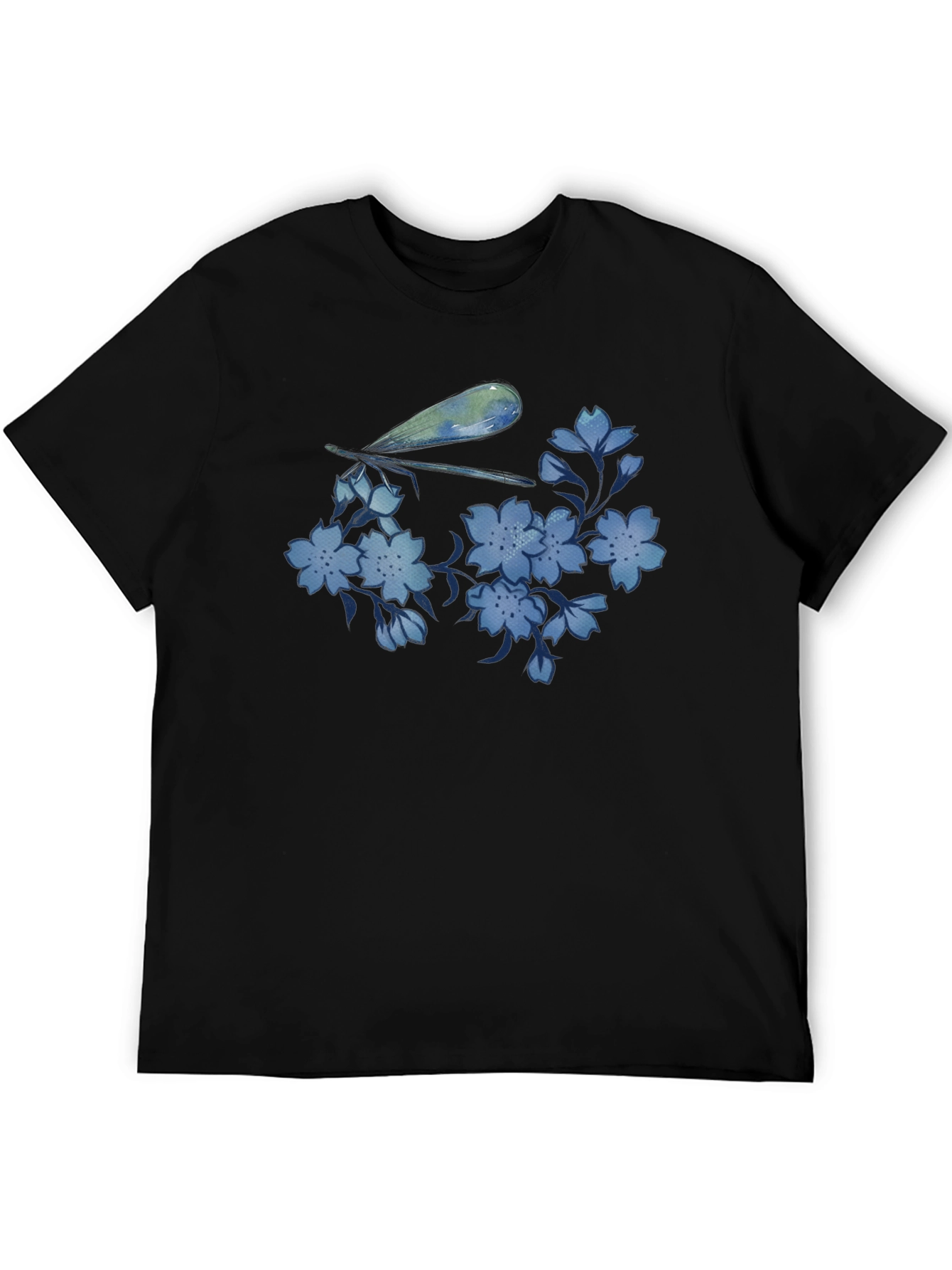 Dragonfly & Floral Print Black T-Shirt