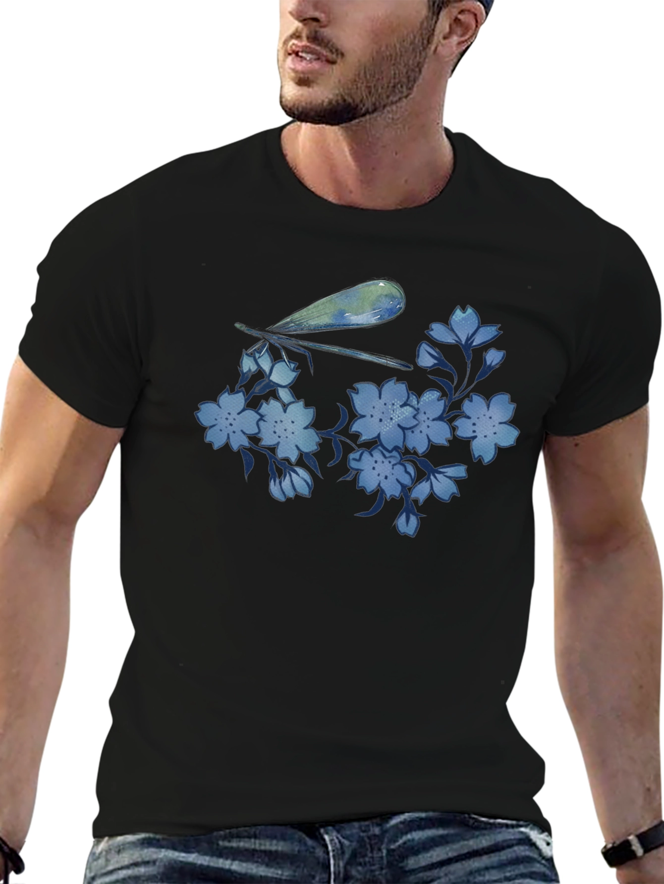 Dragonfly & Floral Print Black T-Shirt