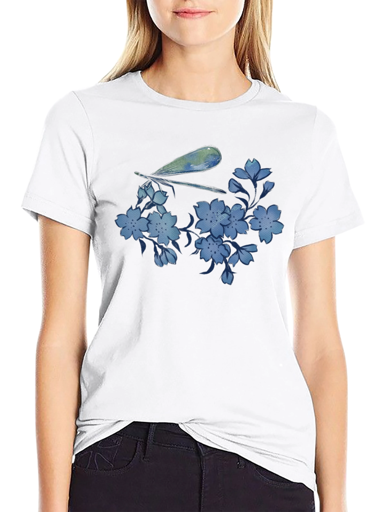Dragonfly & Floral Print Black T-Shirt