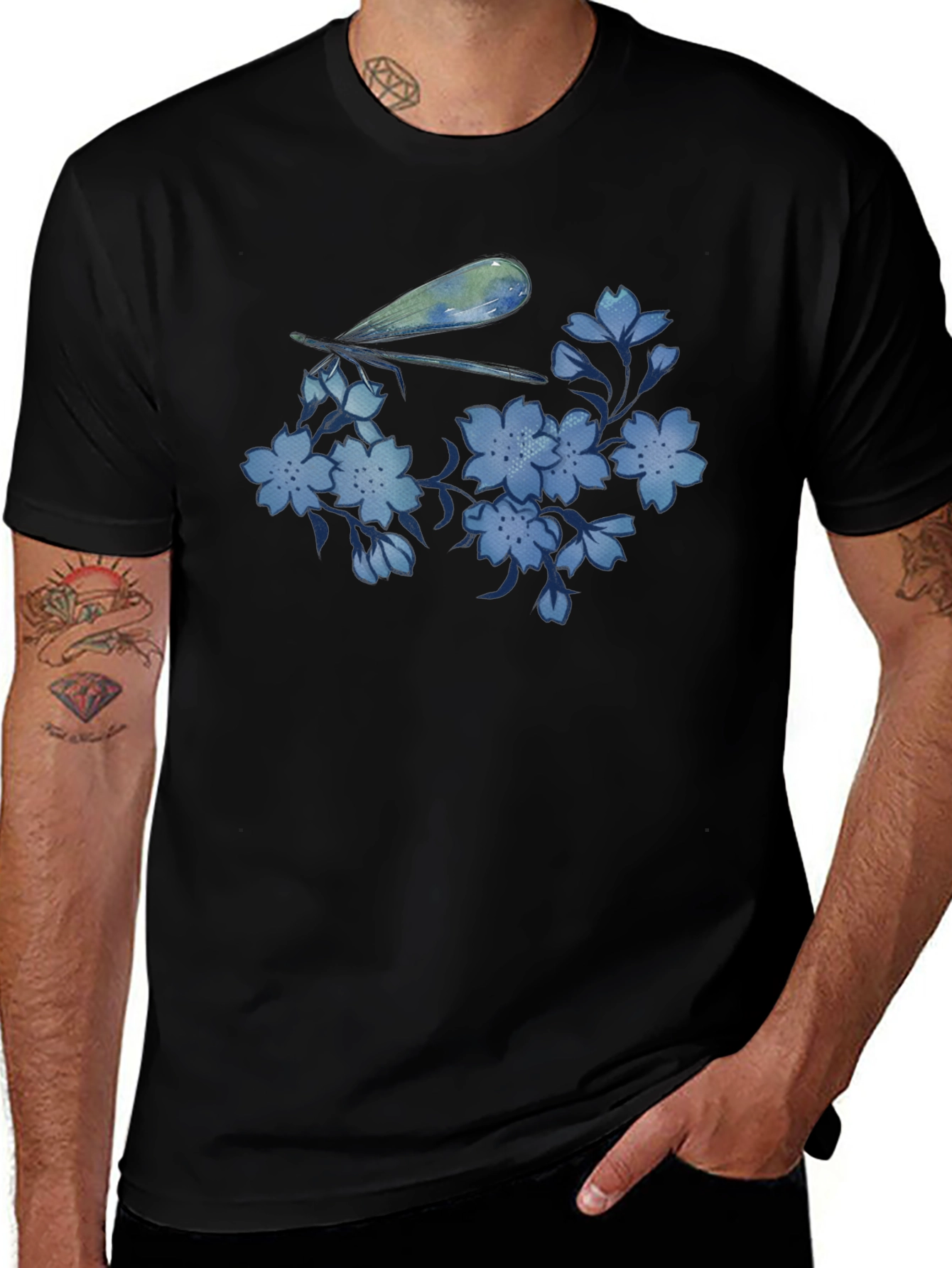Dragonfly & Floral Print Black T-Shirt
