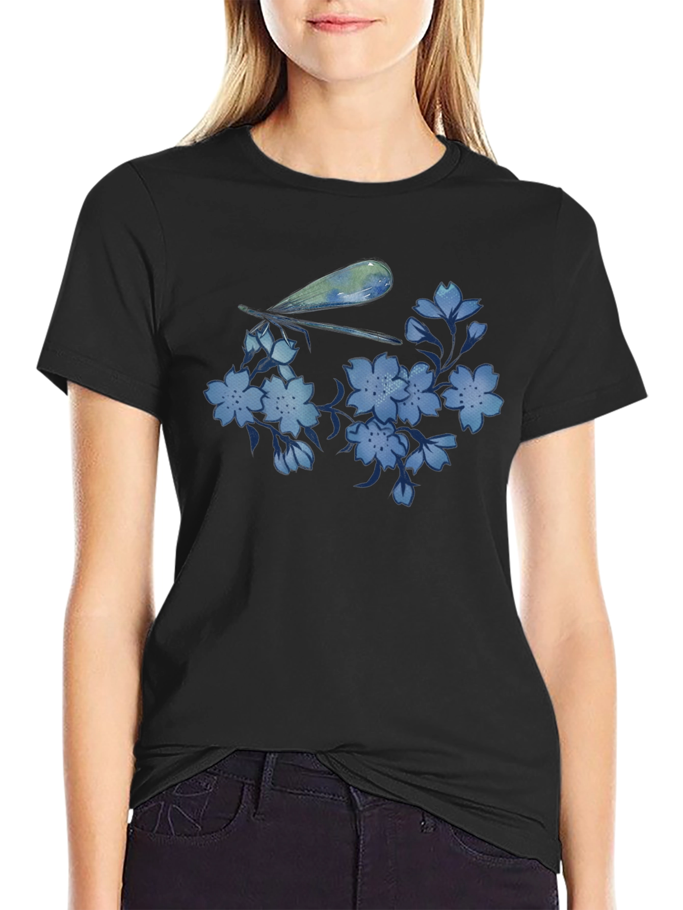 Dragonfly & Floral Print Black T-Shirt