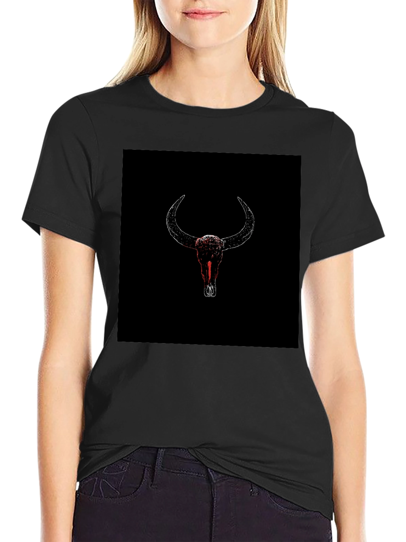 Black T-Shirt with Bull Skull Graphic