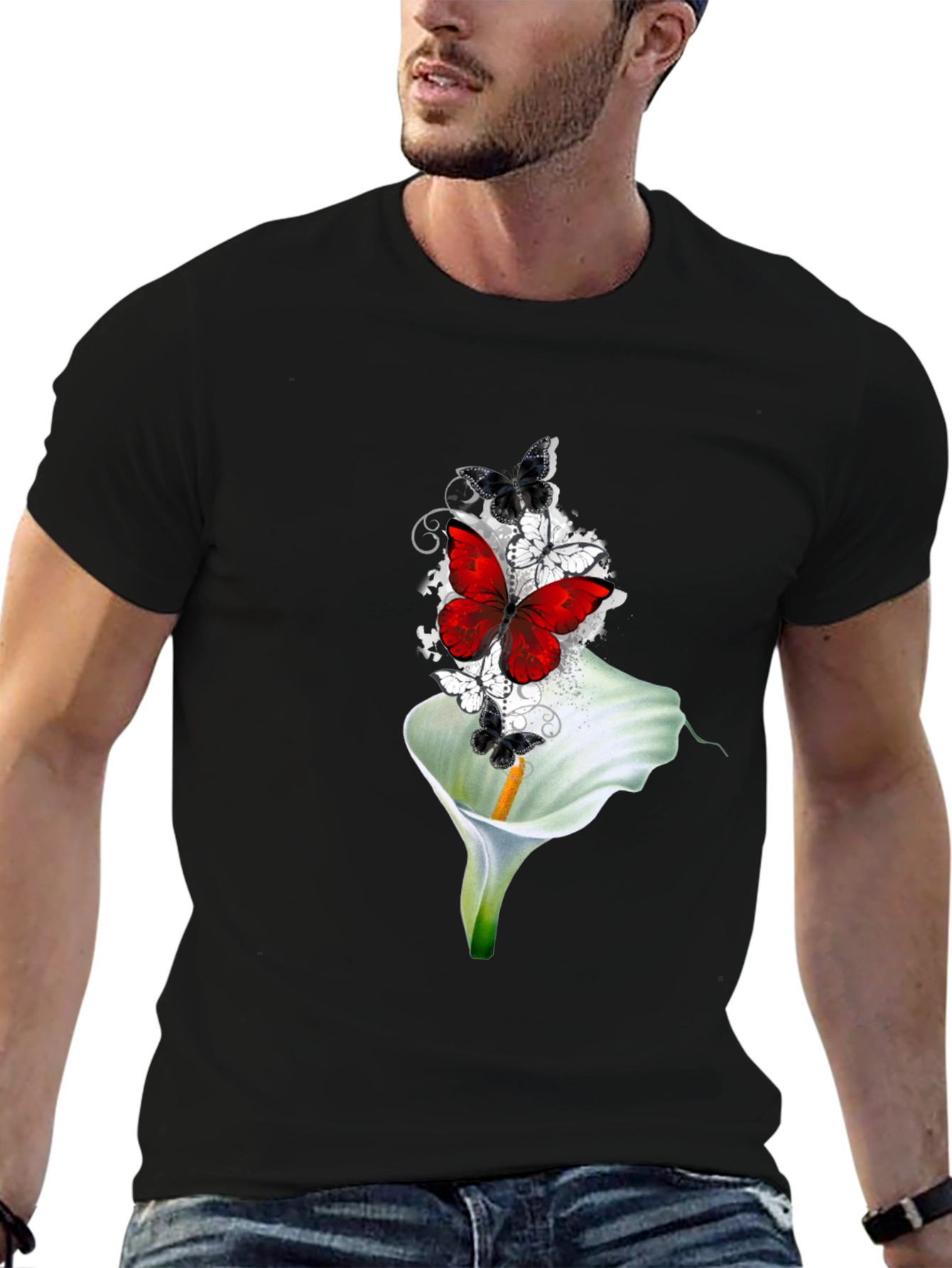 Butterfly & Lily Graphic T-Shirt - Black