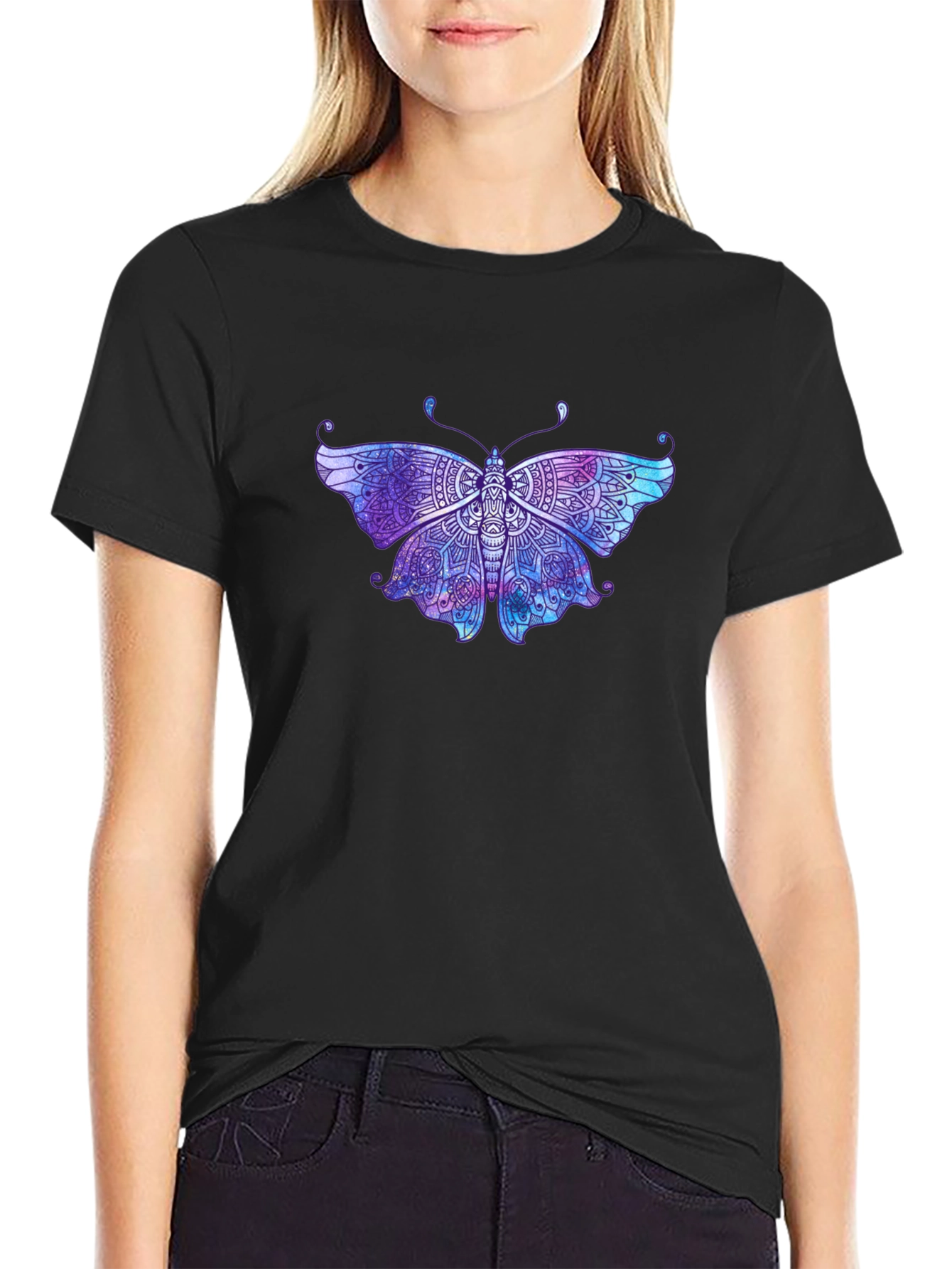 Butterfly Mandala Graphic Tee - Black Cotton T-Shirt