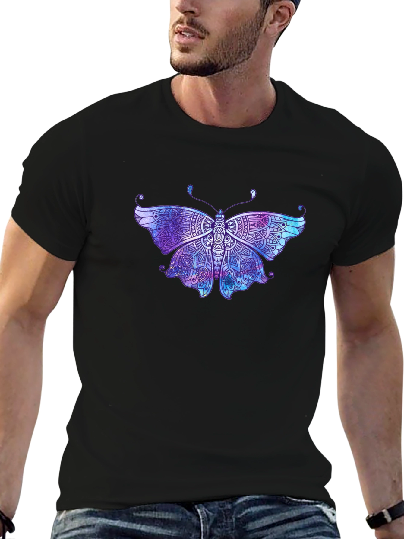 Butterfly Mandala Graphic Tee - Black Cotton T-Shirt