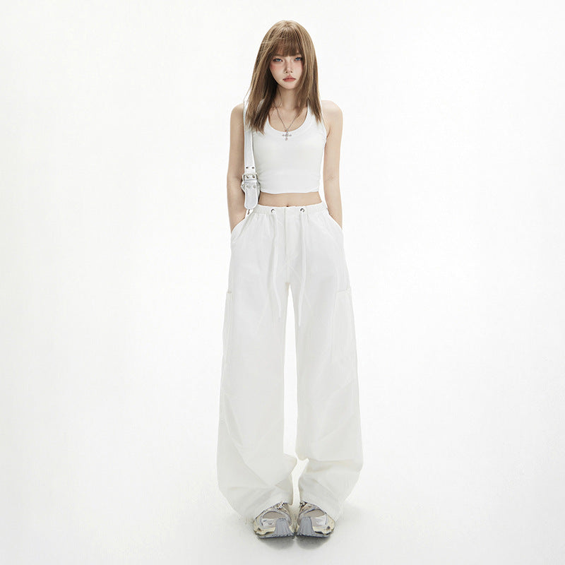 Pants for Women White High Waist Straight Loose Slim Fit Drawstring Casual Pants