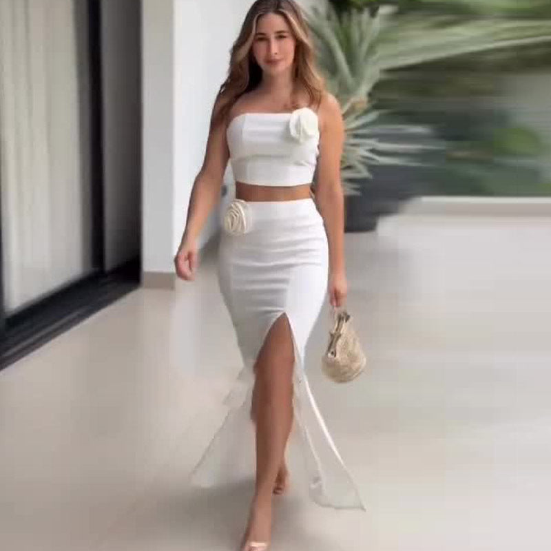 Solid color spicy girl strapless top and skirt set