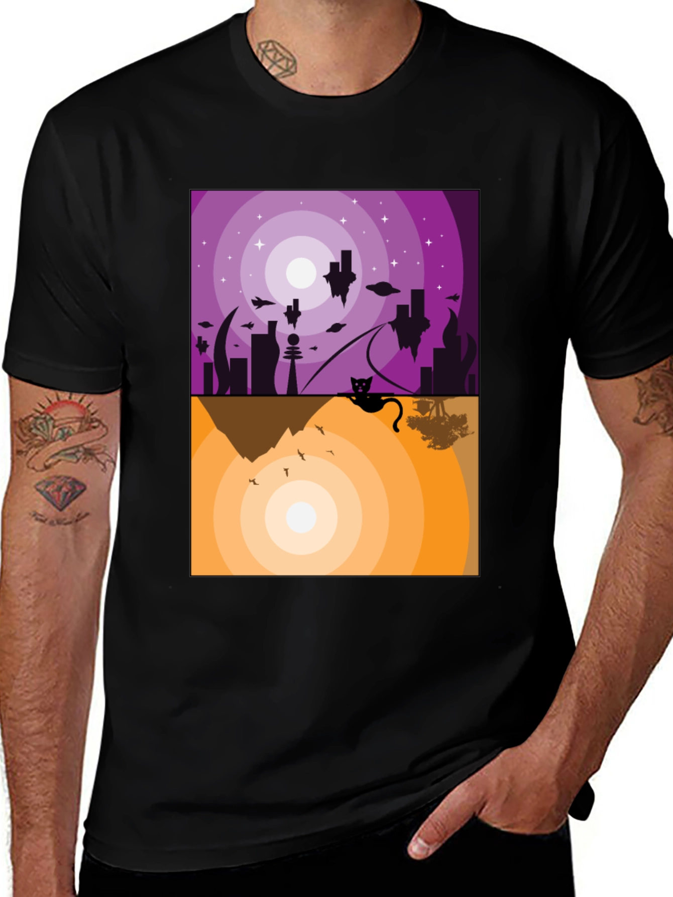 Abstract Cat Graphic T-Shirt - Black Crew Neck
