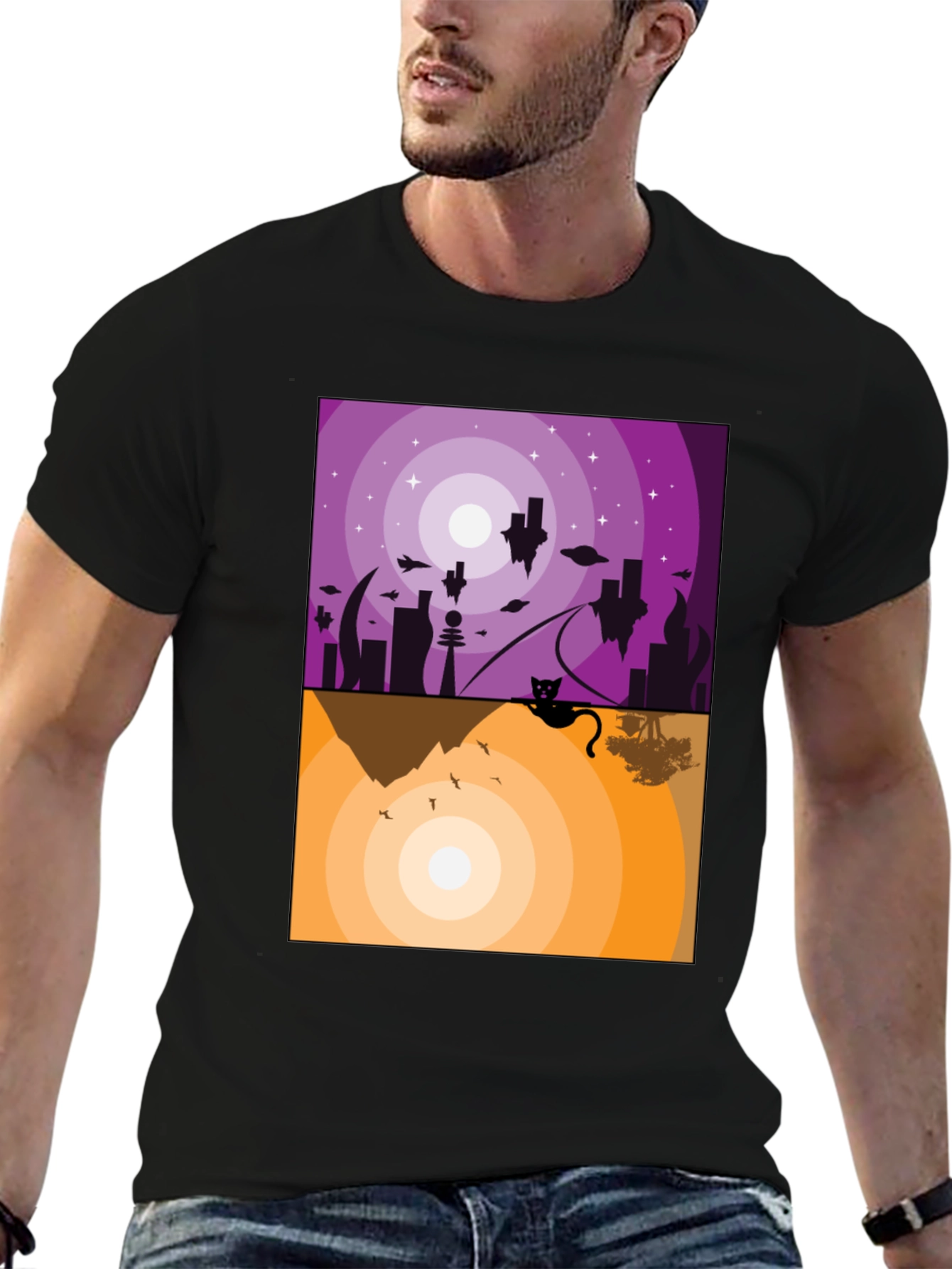 Abstract Cat Graphic T-Shirt - Black Crew Neck
