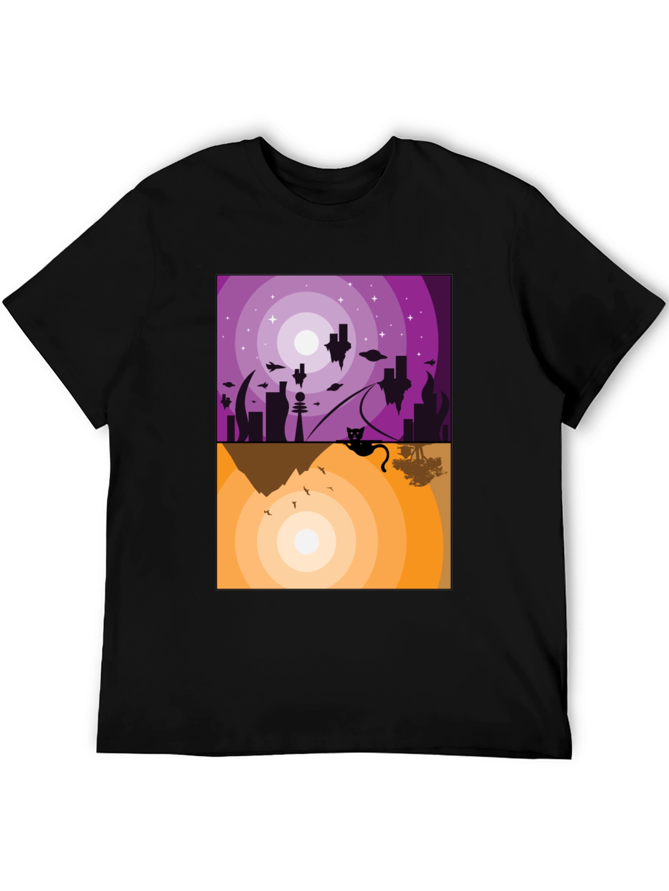 Abstract Cat Graphic T-Shirt - Black Crew Neck