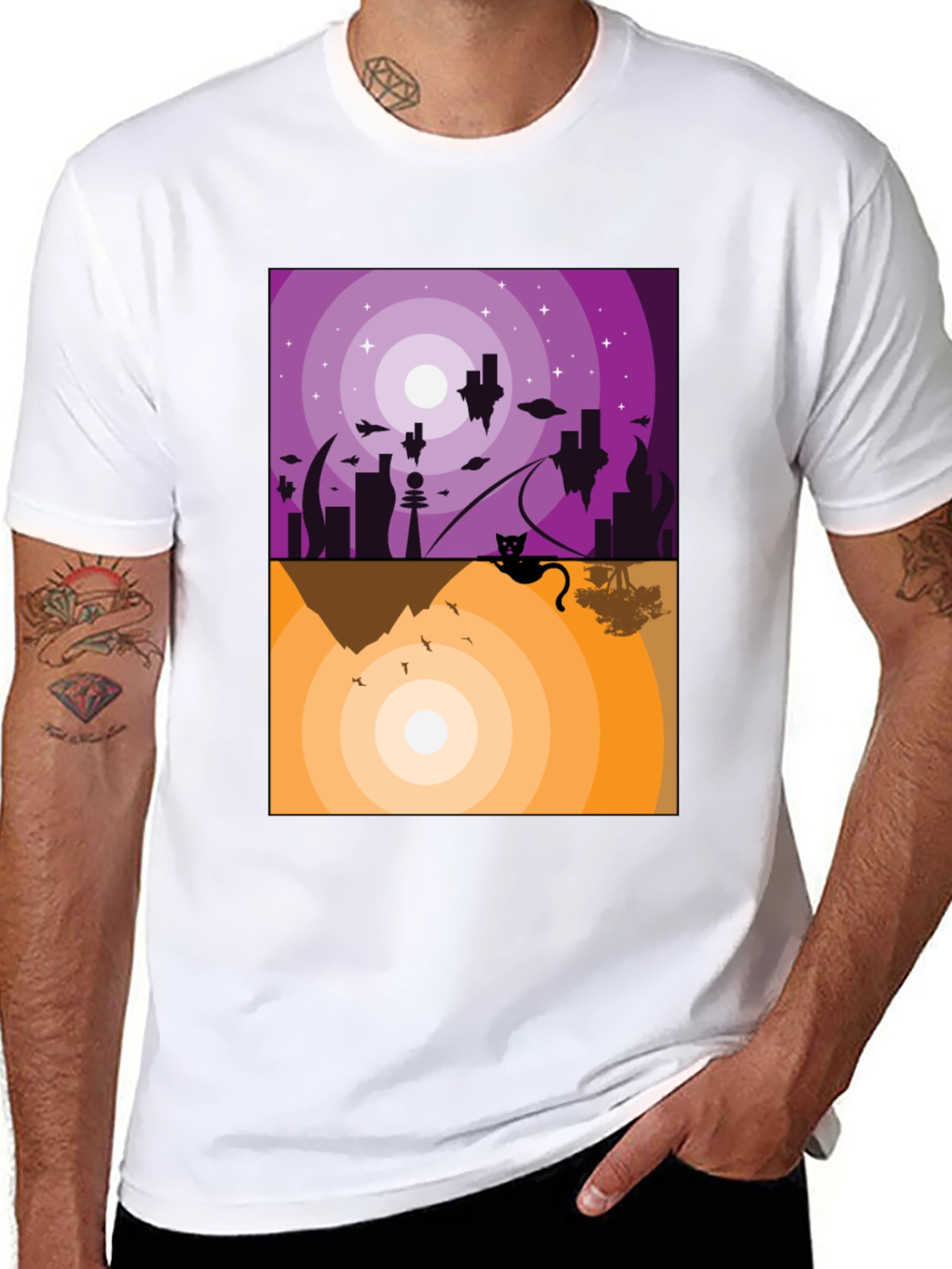 Abstract Cat Graphic T-Shirt - Black Crew Neck