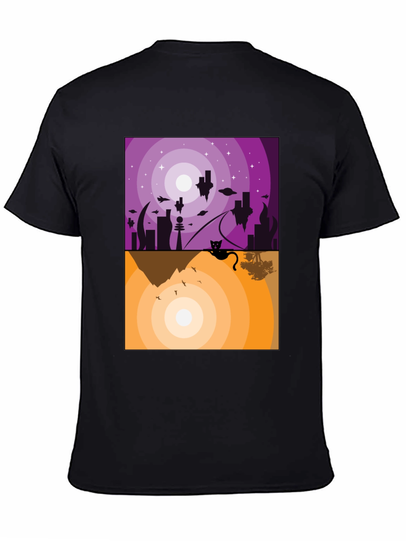 Abstract Cat Graphic T-Shirt - Black Crew Neck
