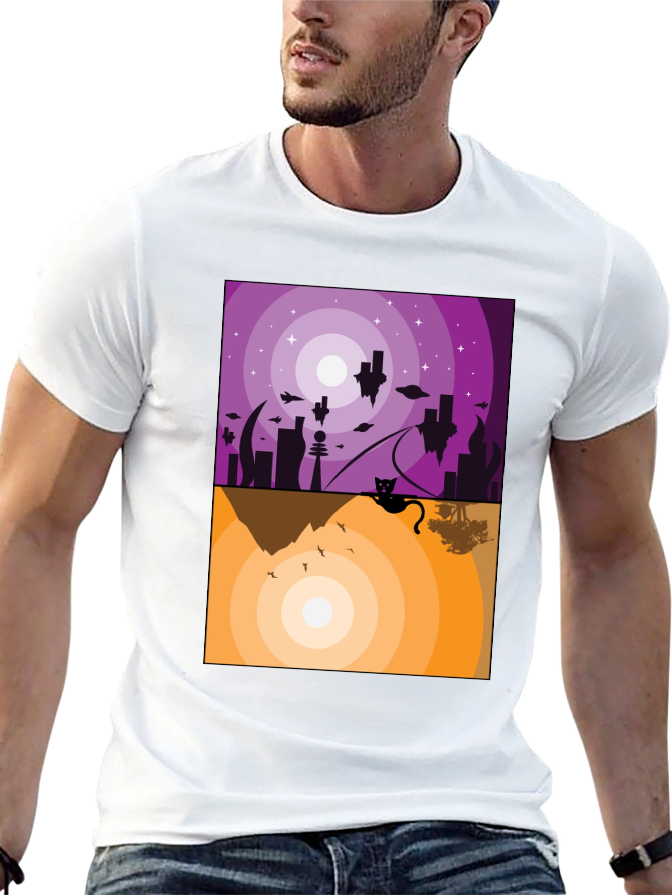 Abstract Cat Graphic T-Shirt - Black Crew Neck