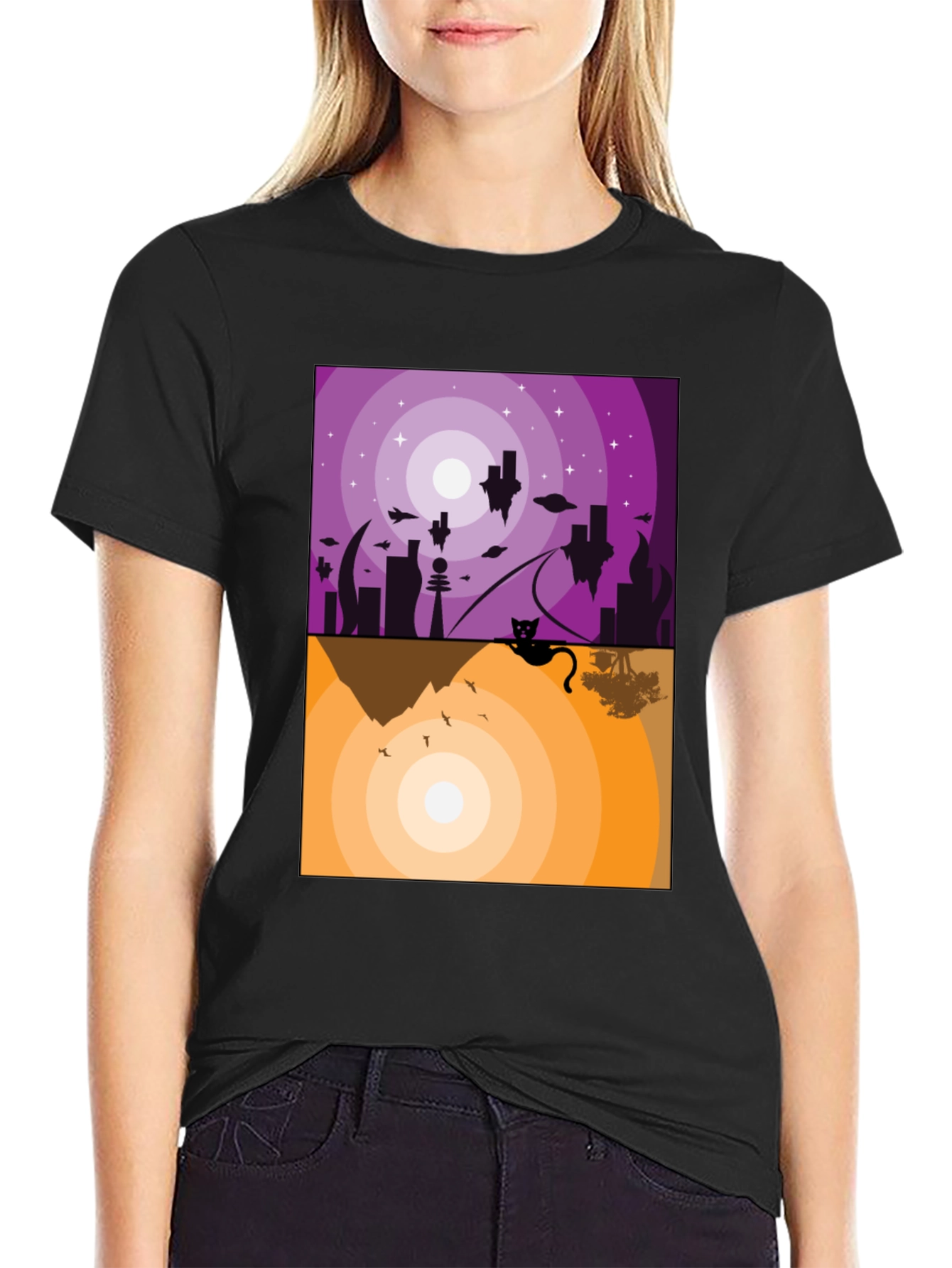 Abstract Cat Graphic T-Shirt - Black Crew Neck