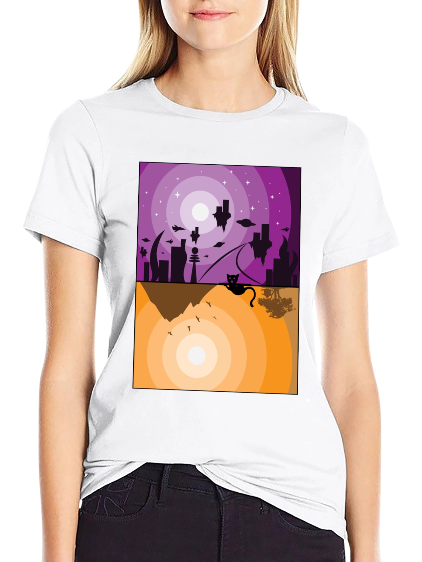 Abstract Cat Graphic T-Shirt - Black Crew Neck