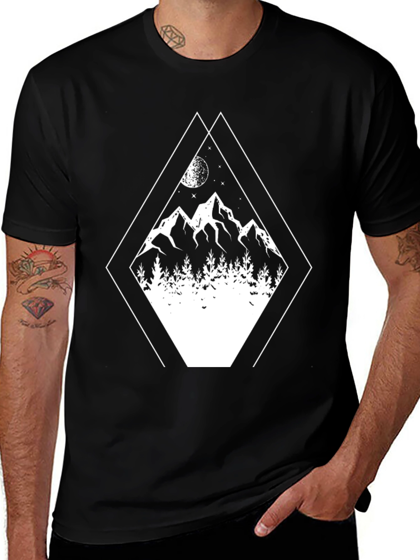 Geometric Mountain Scene Graphic Tee - Black Cotton Blend