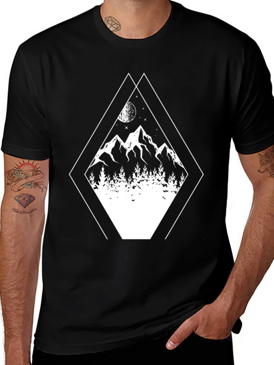Geometric Mountain Scene Graphic Tee - Black Cotton Blend