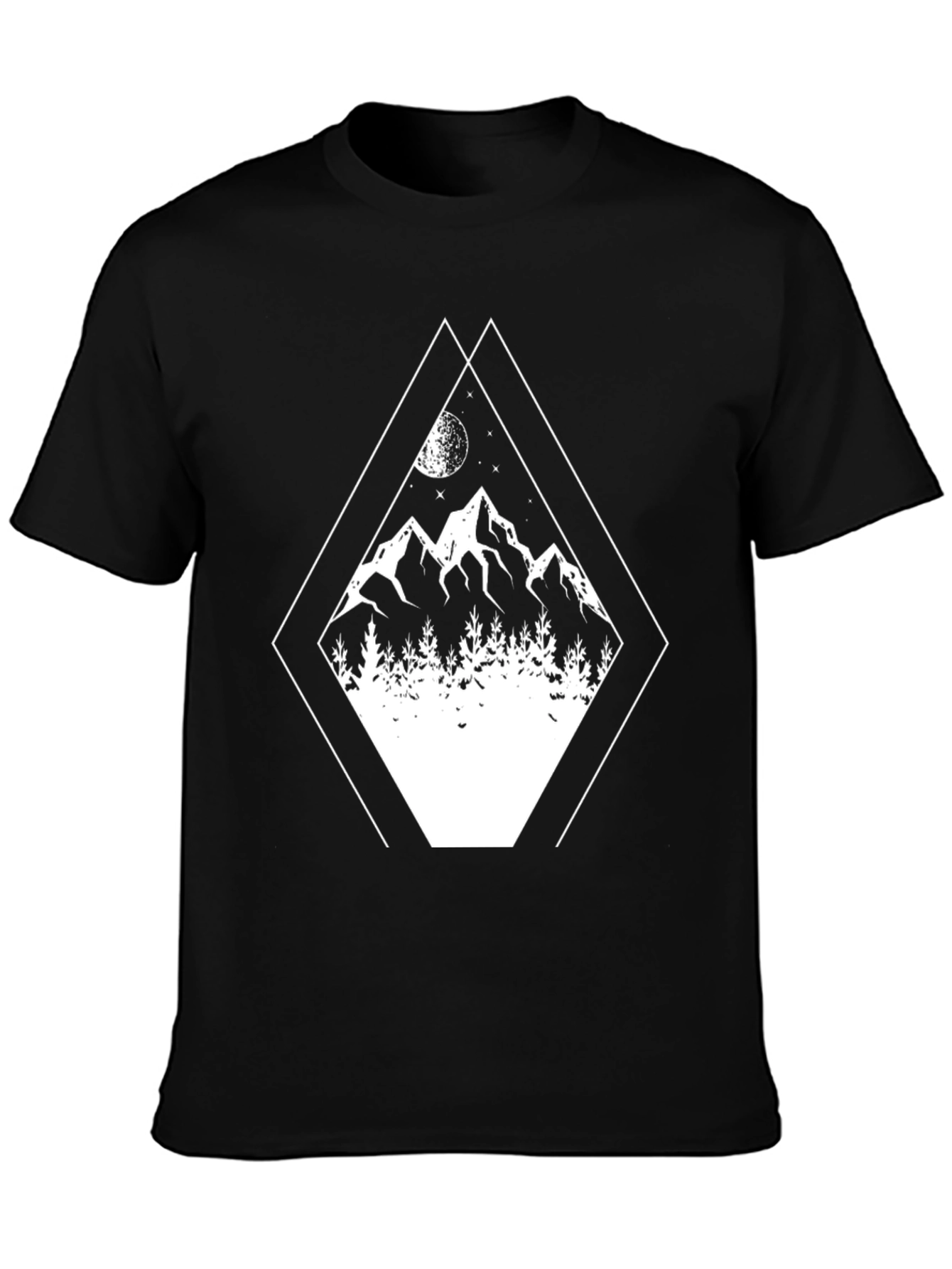 Geometric Mountain Scene Graphic Tee - Black Cotton Blend