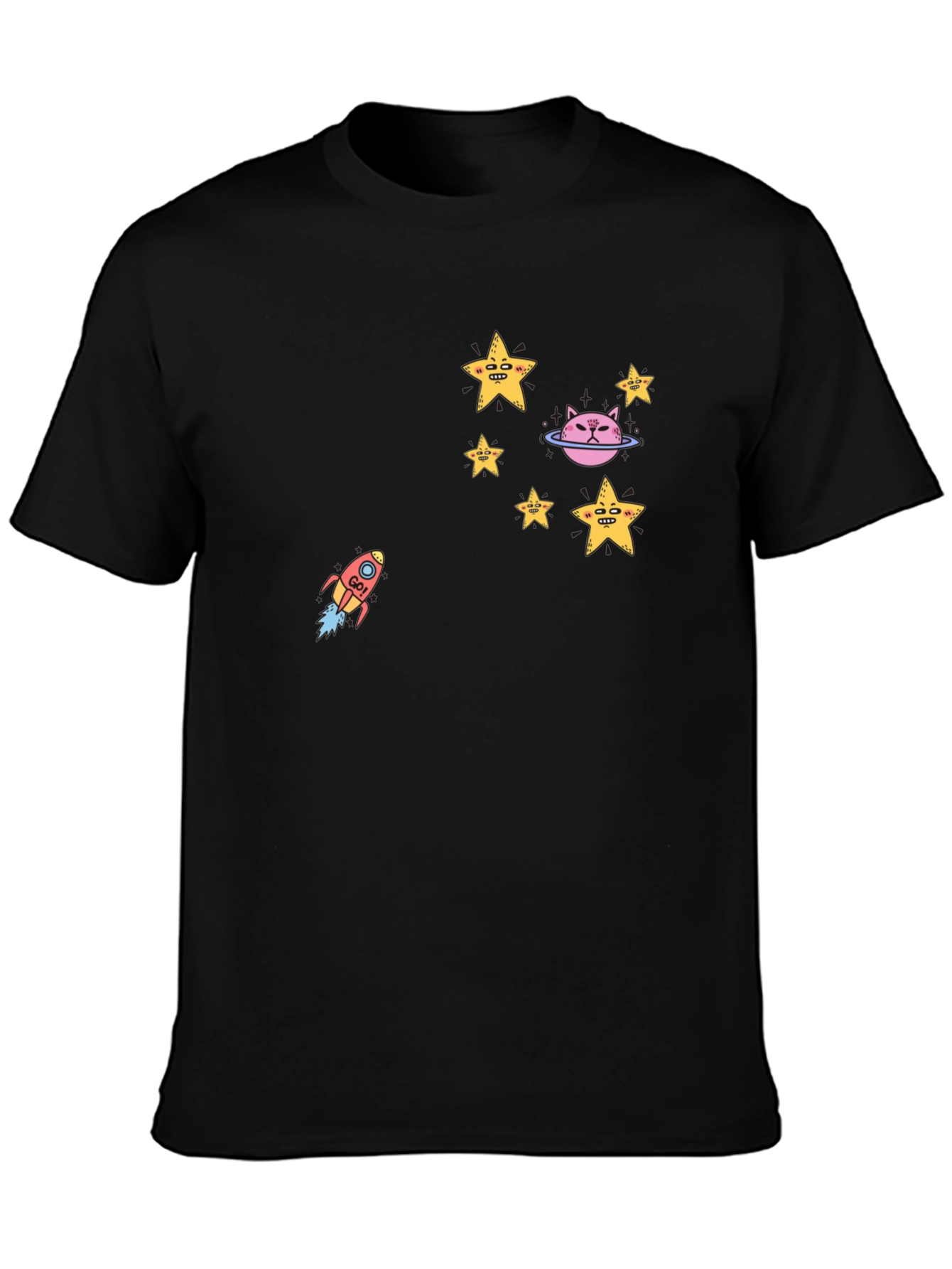 Cosmic Cat Tee - Stars & Rocket Black T-Shirt