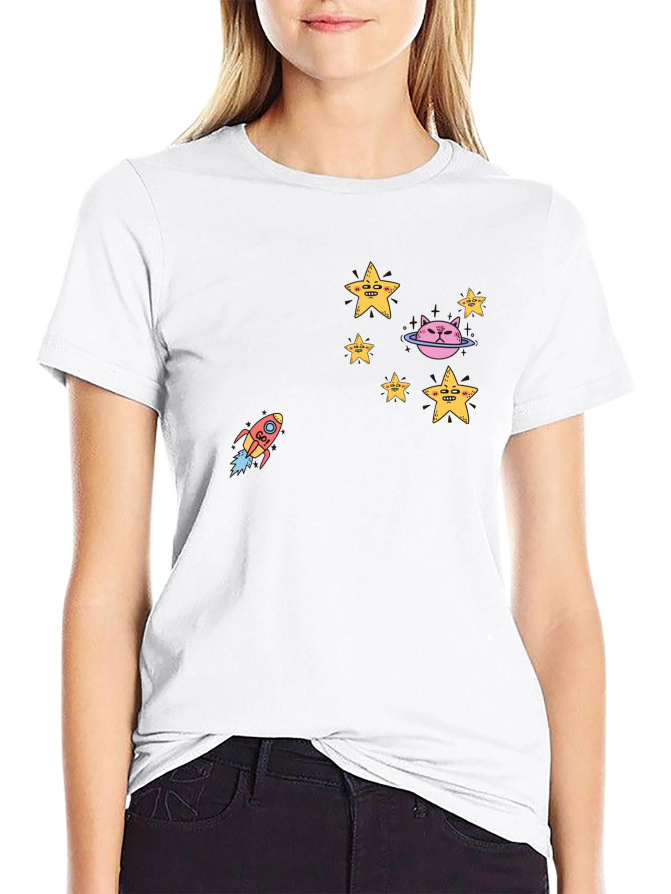 Cosmic Cat Tee - Stars & Rocket Black T-Shirt