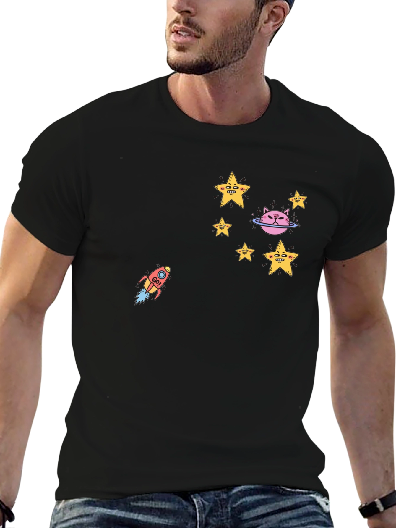 Cosmic Cat Tee - Stars & Rocket Black T-Shirt