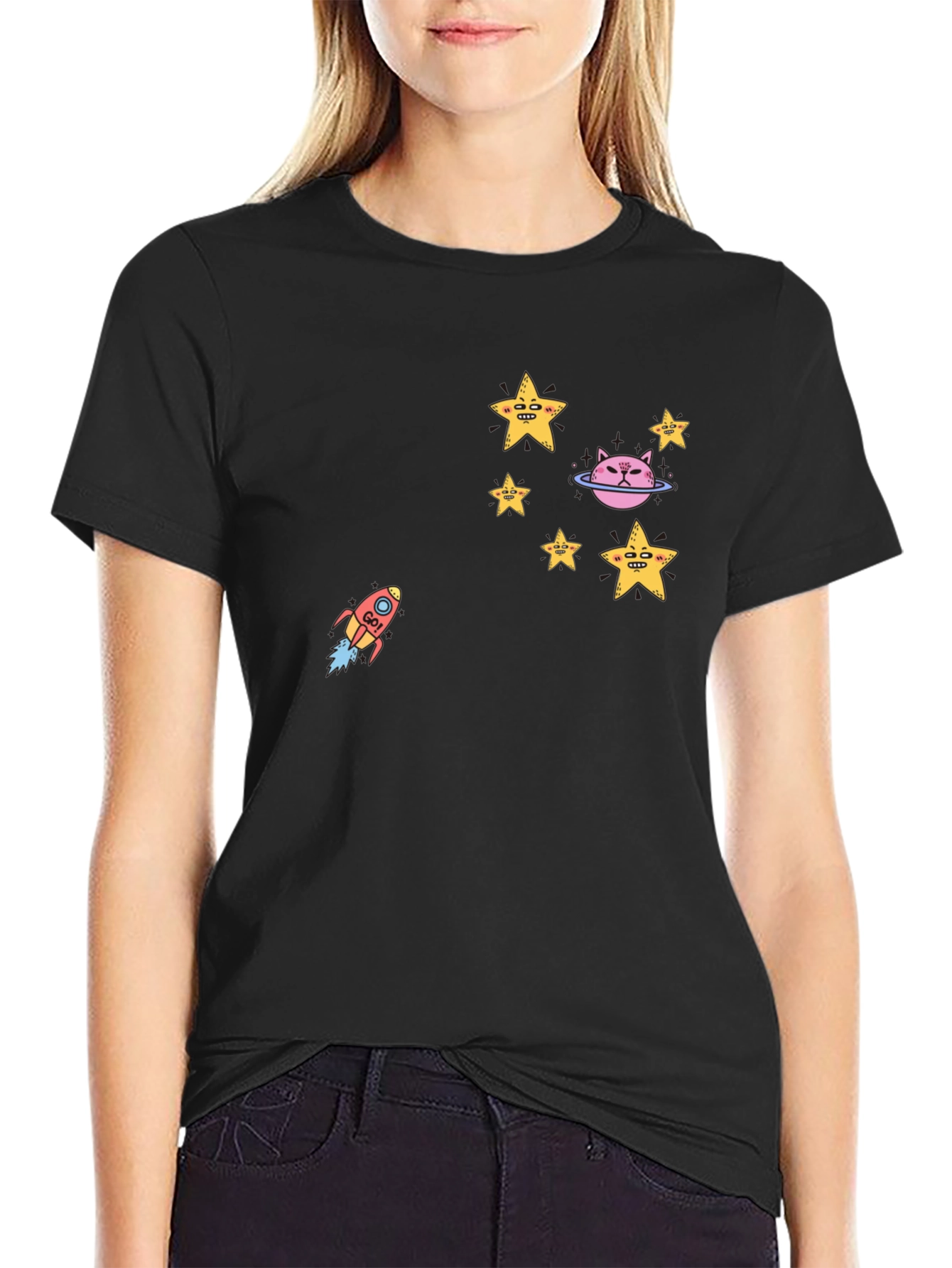 Cosmic Cat Tee - Stars & Rocket Black T-Shirt