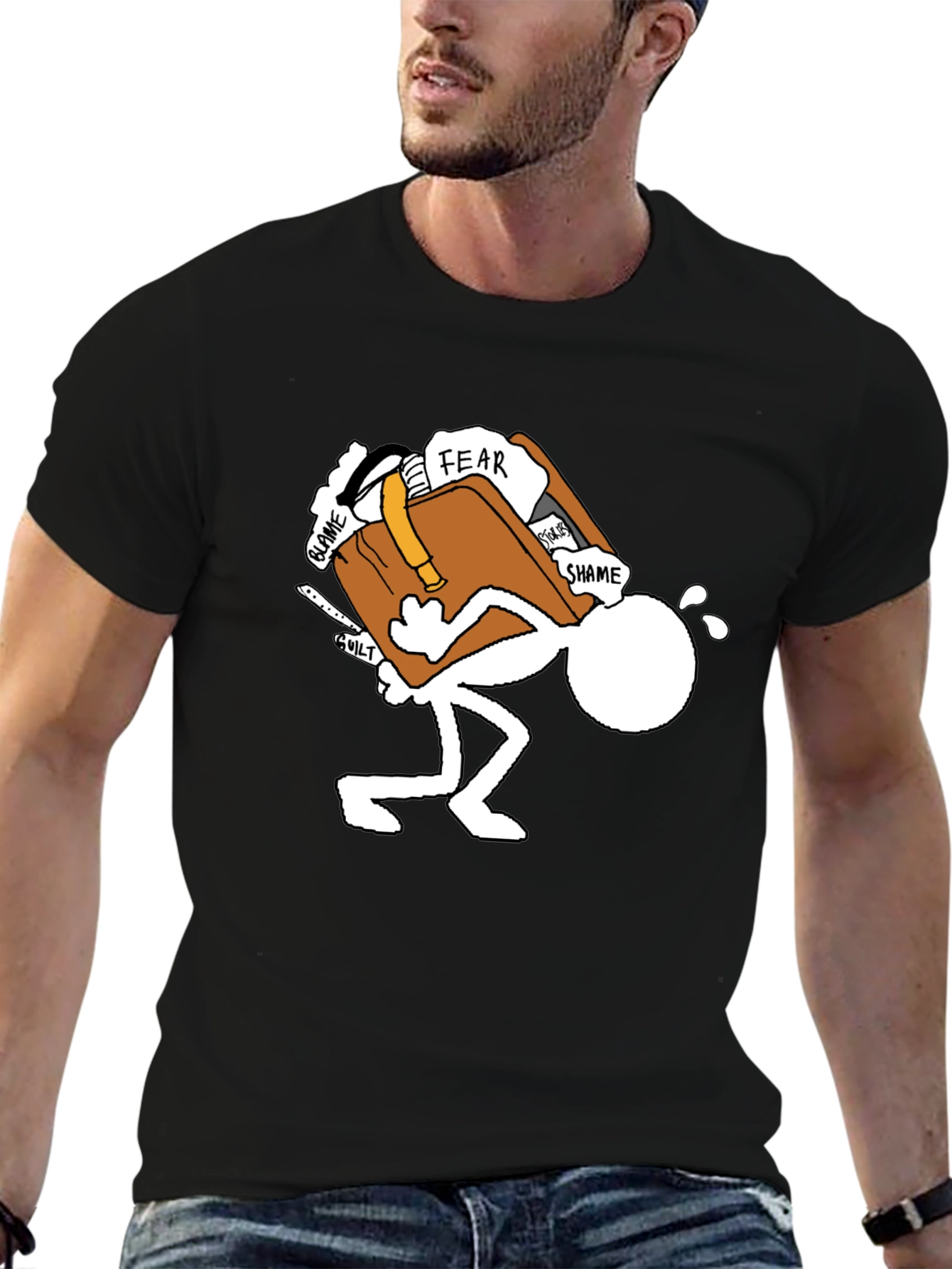 Burdened Stick Figure Graphic Tee - Black