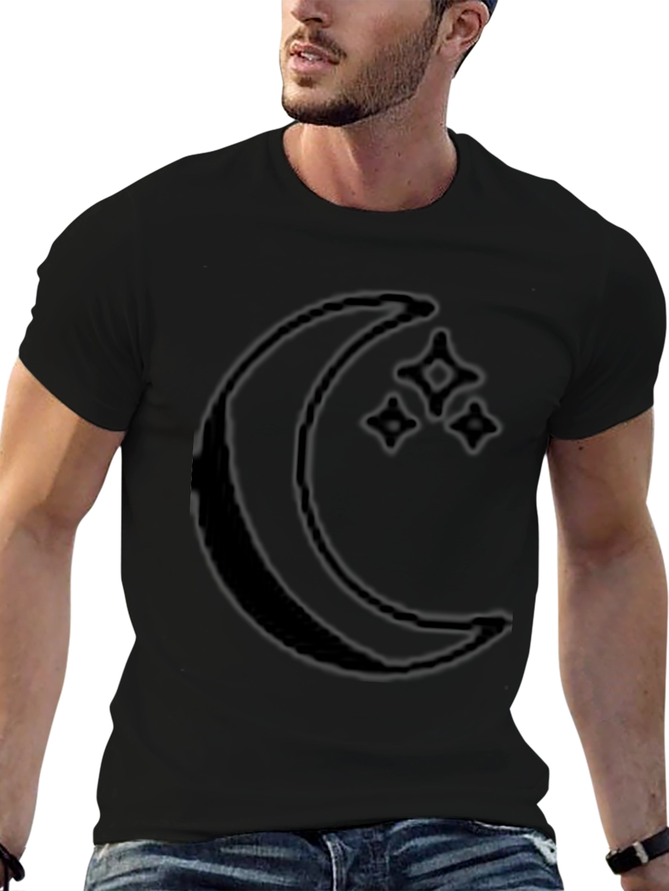 Crescent Moon & Stars Graphic Black T-Shirt