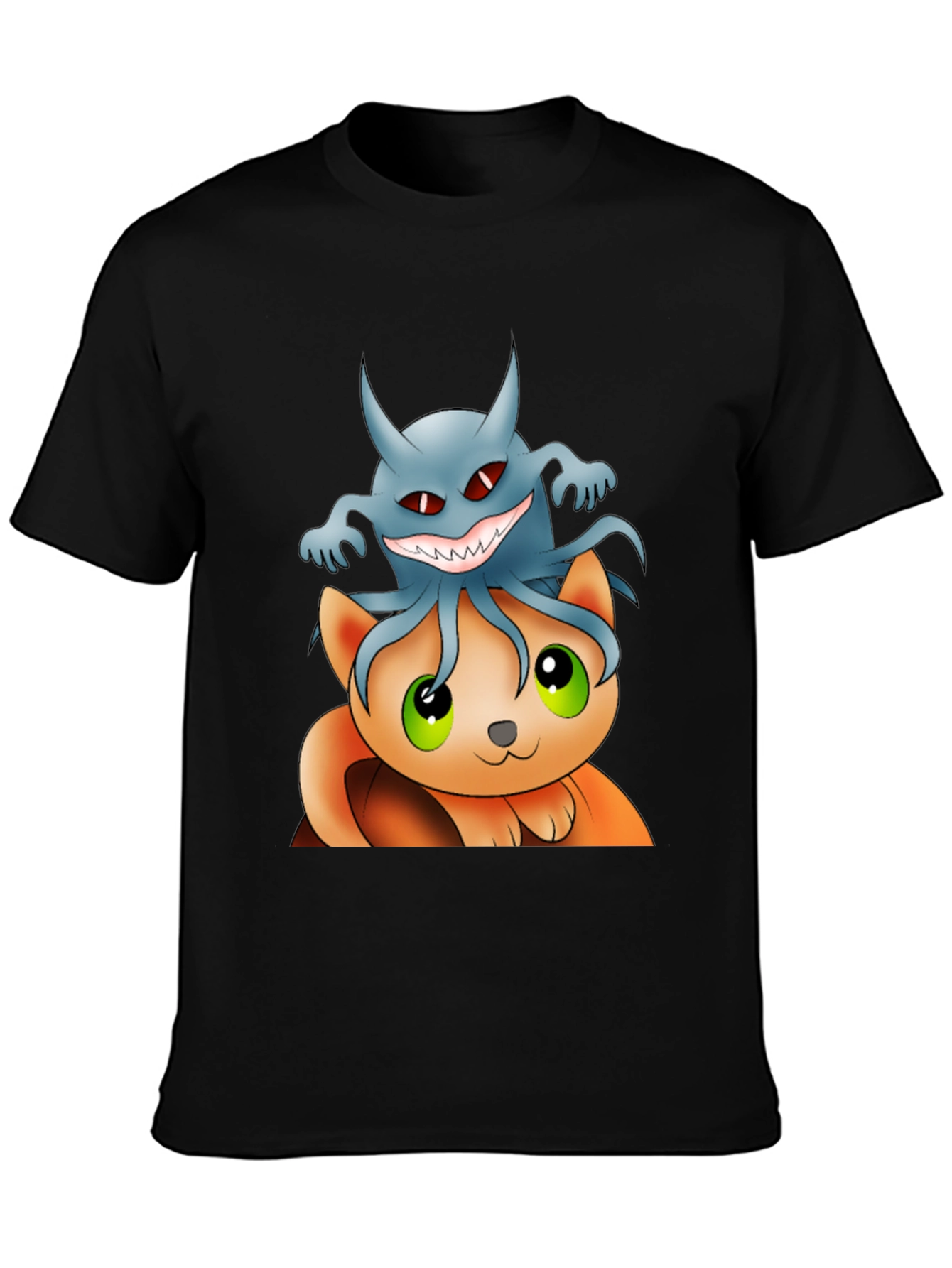 Cat and Ghost Cartoon Black T-Shirt