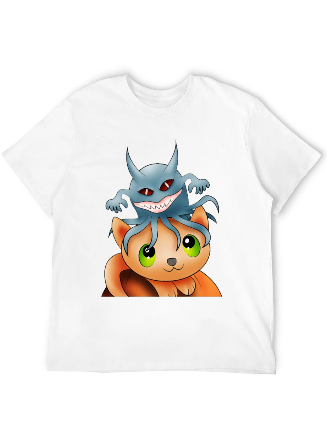 Cat and Ghost Cartoon Black T-Shirt