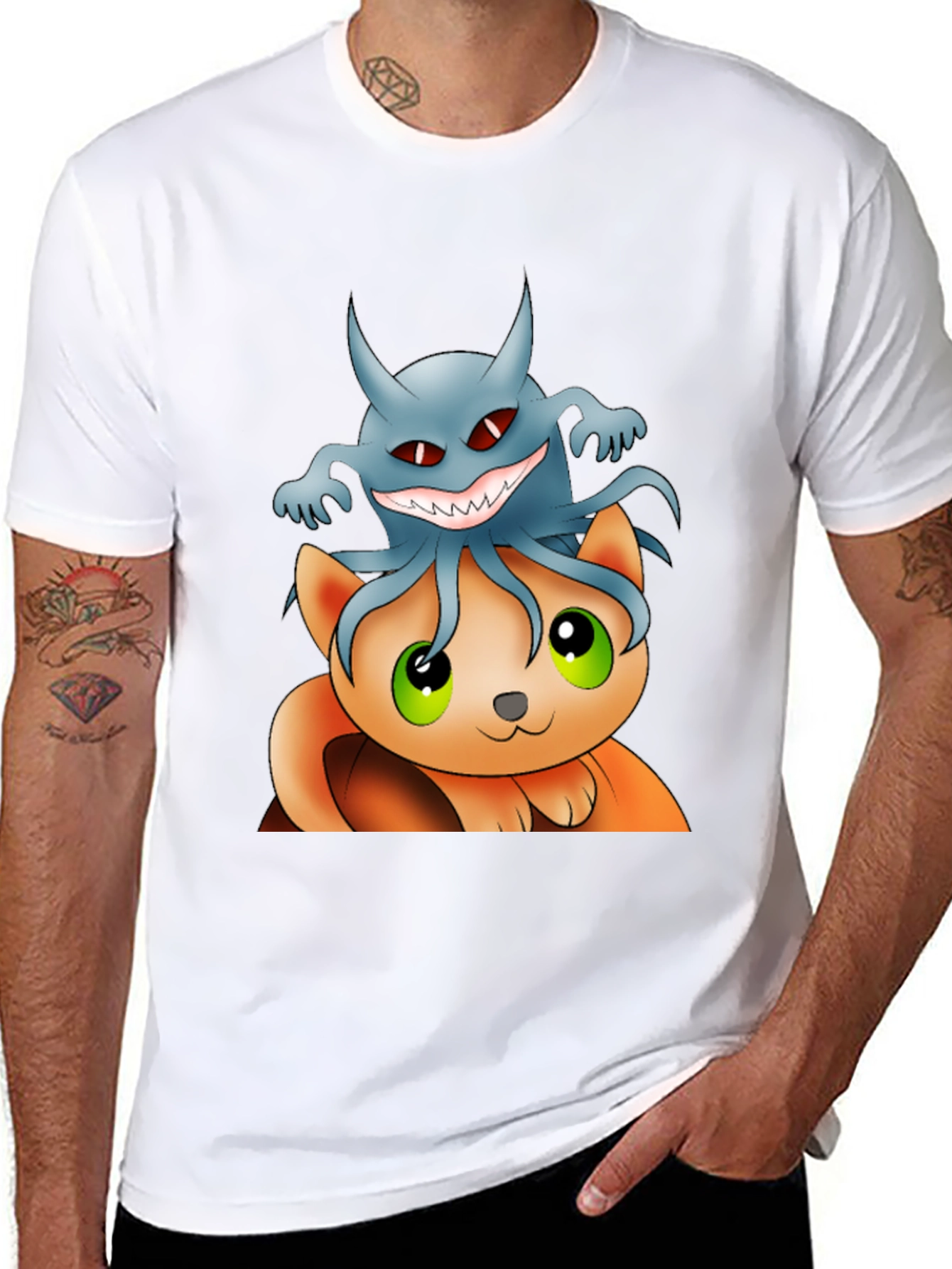 Cat and Ghost Cartoon Black T-Shirt