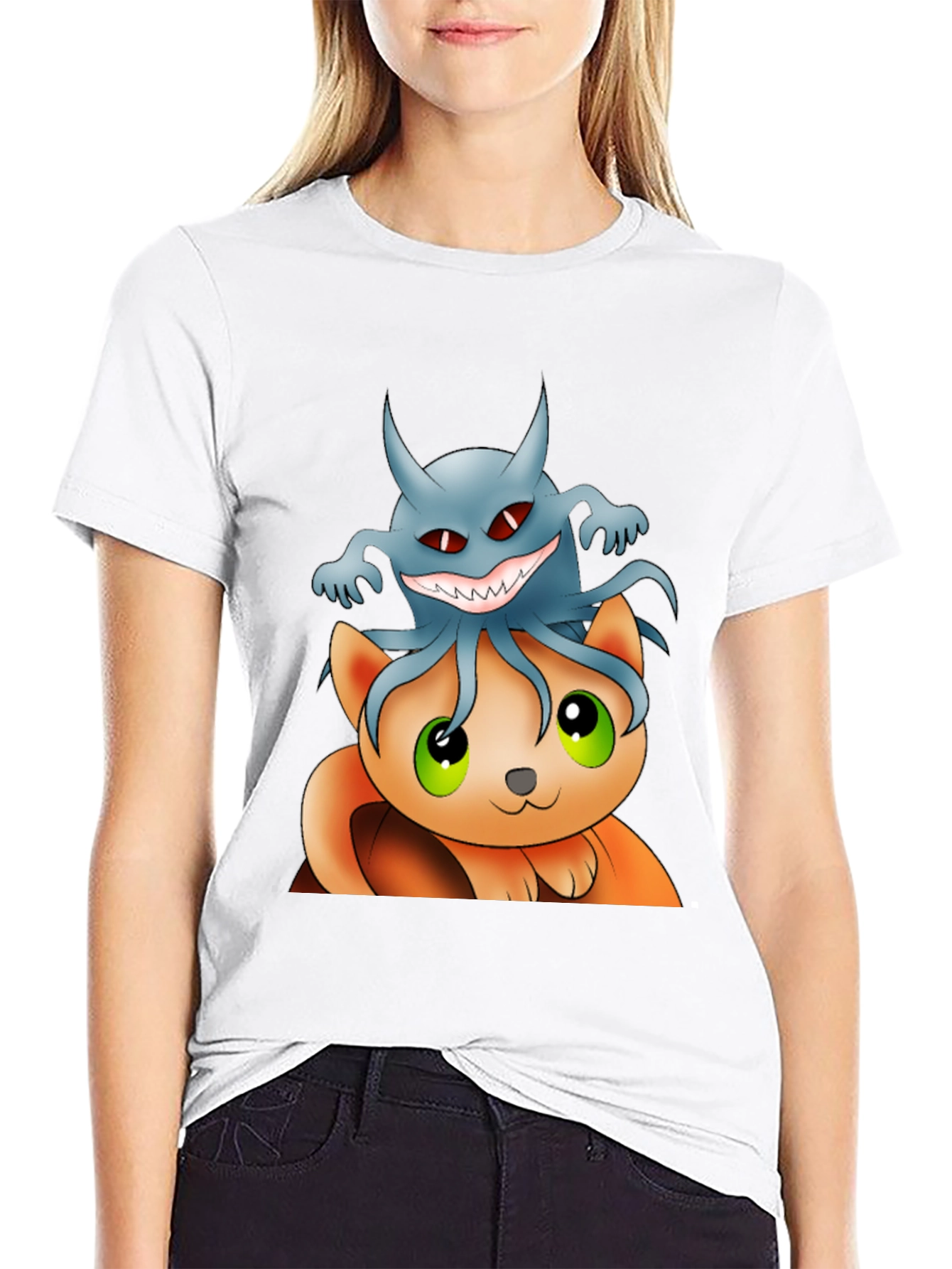 Cat and Ghost Cartoon Black T-Shirt