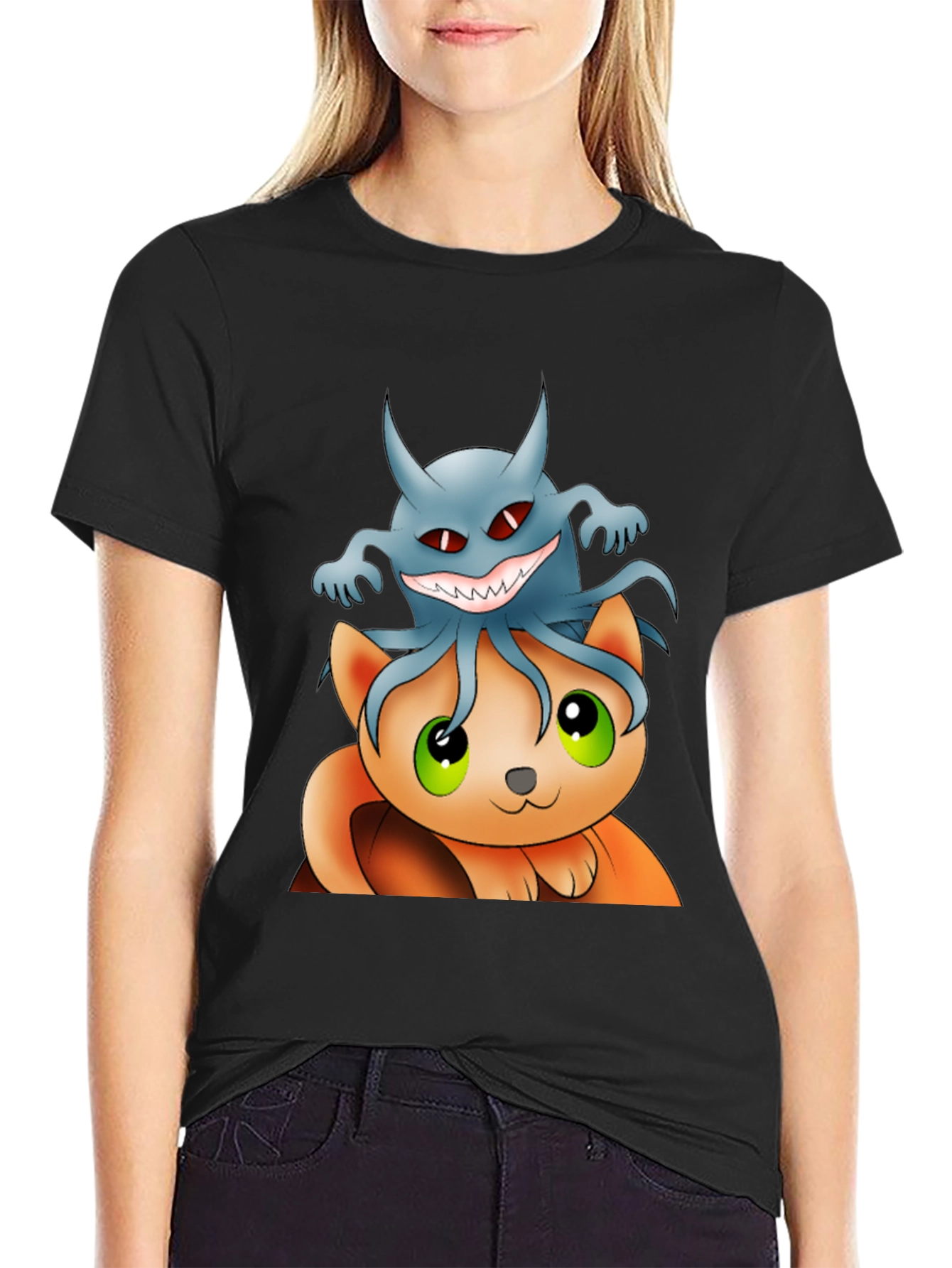 Cat and Ghost Cartoon Black T-Shirt